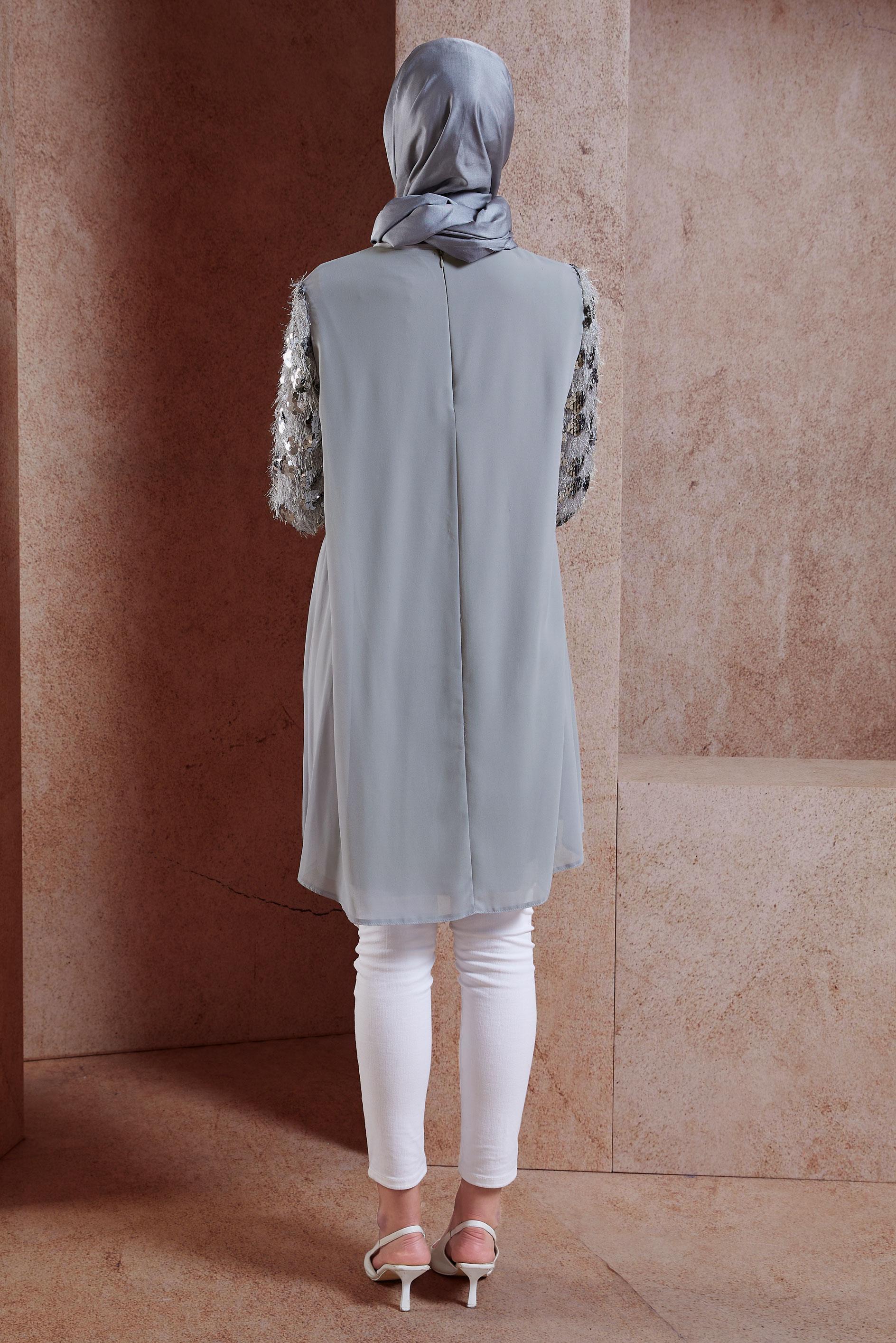 Tesettür giyim GRİ KOLLARI PUL PAYETLİ ŞİFON TUNİK 4890	