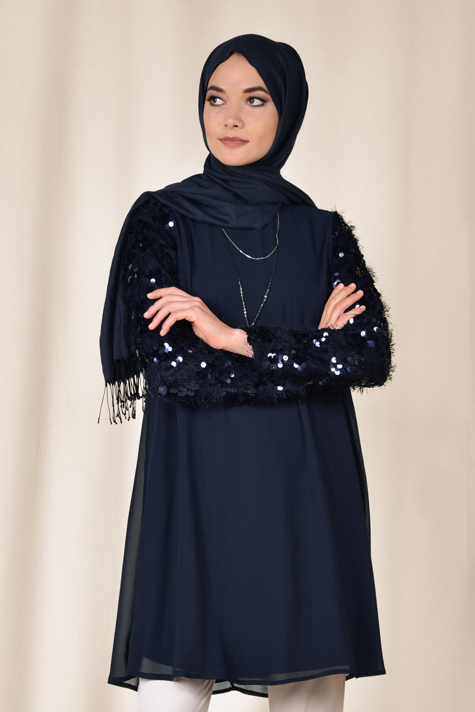 Tesettür giyim LACİVERT KOLLARI PUL PAYETLİ ŞİFON TUNİK 4890	