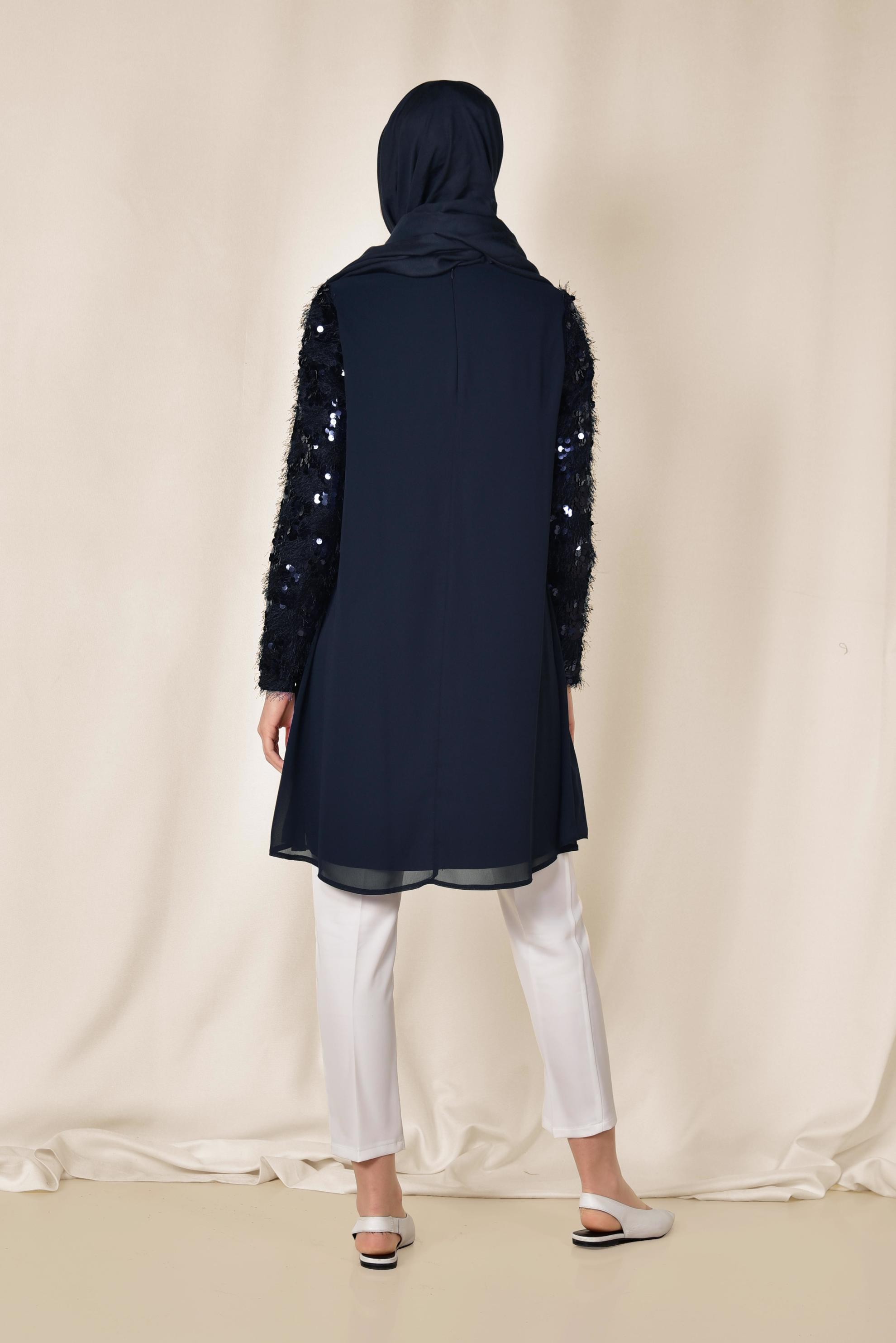 Tesettür giyim LACİVERT KOLLARI PUL PAYETLİ ŞİFON TUNİK 4890	