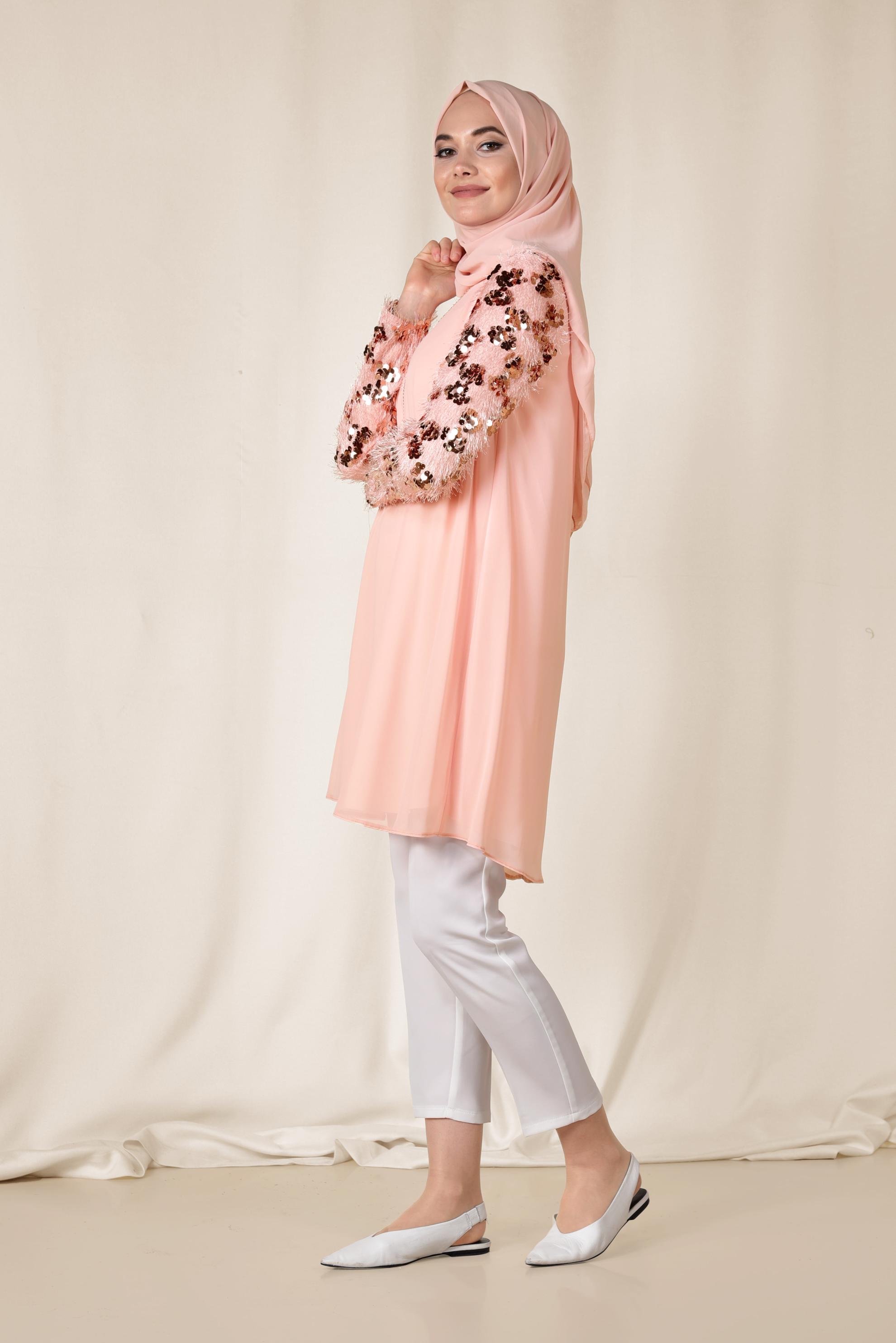 Tesettür giyim PUDRA KOLLARI PUL PAYETLİ ŞİFON TUNİK 4890	