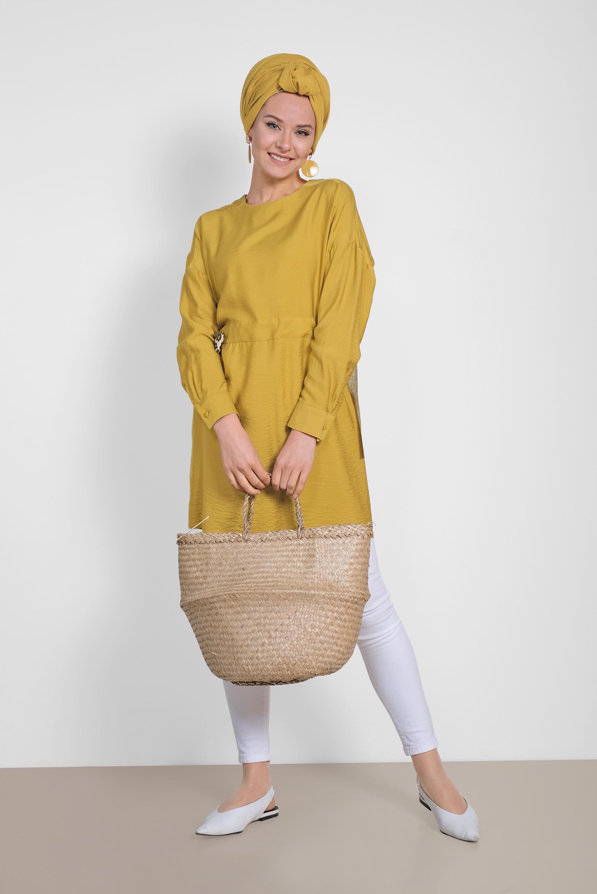 Tesettür giyim SARI BELİ LEOPAR ŞERİT DETAYLI BÜZGÜLÜ TUNİK 4908 