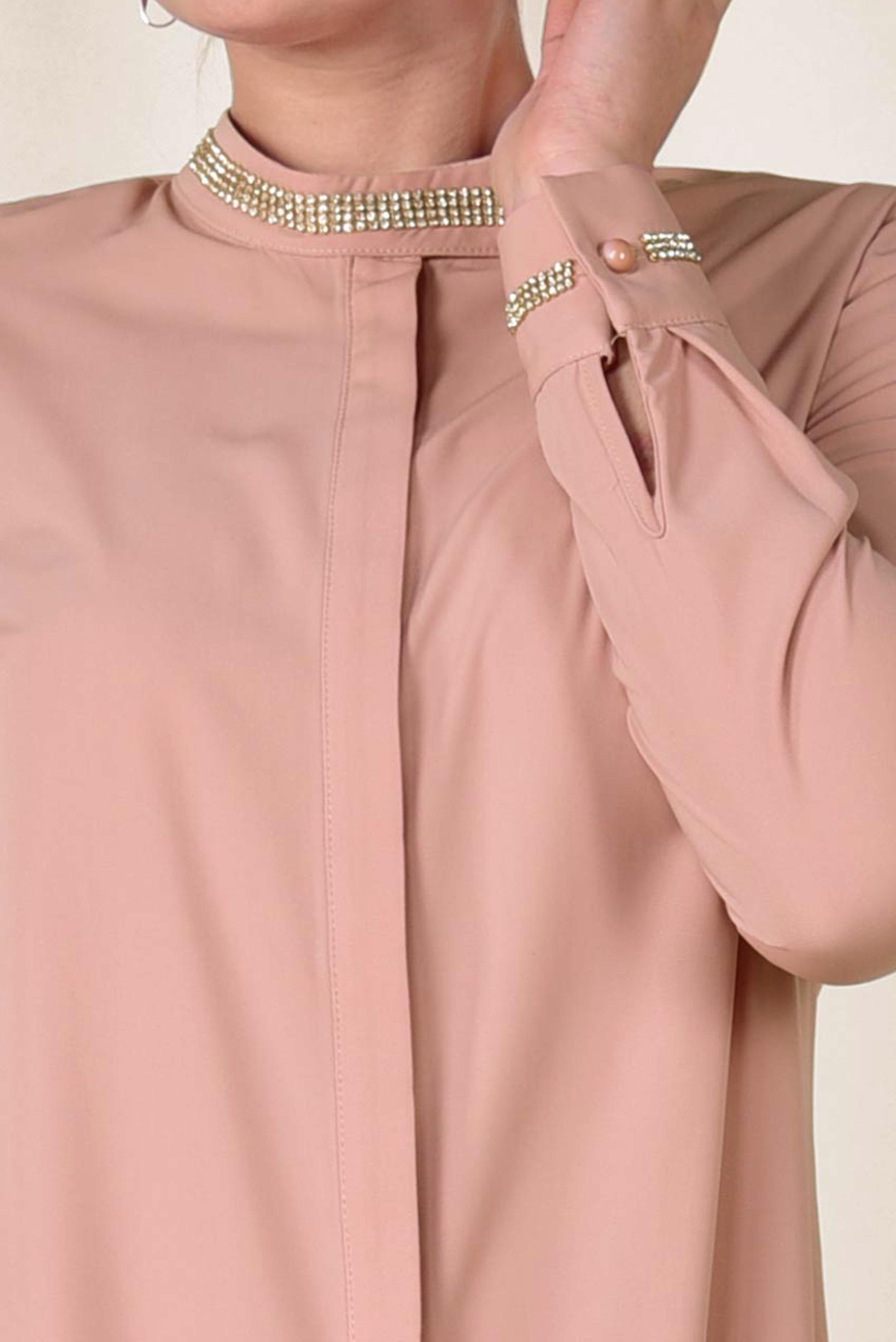 Tesettür giyim KAHVE MANŞETİ VE YAKASI TAŞLI TUNİK 4913