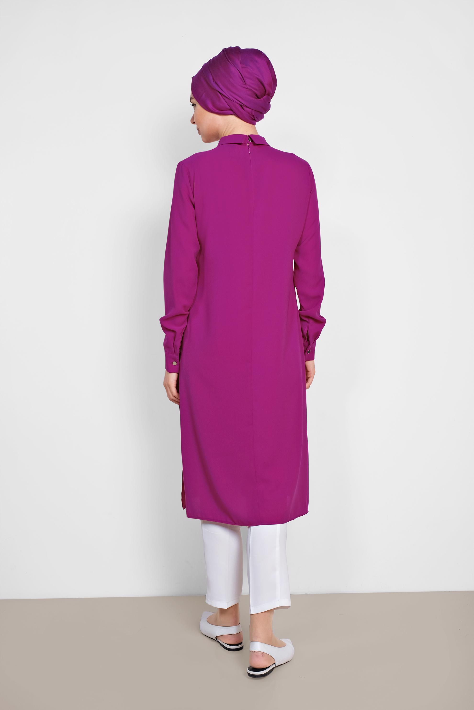 Tesettür giyim MOR YAKASI BROŞLU YANLARI DÜĞMELİ TUNİK 4914