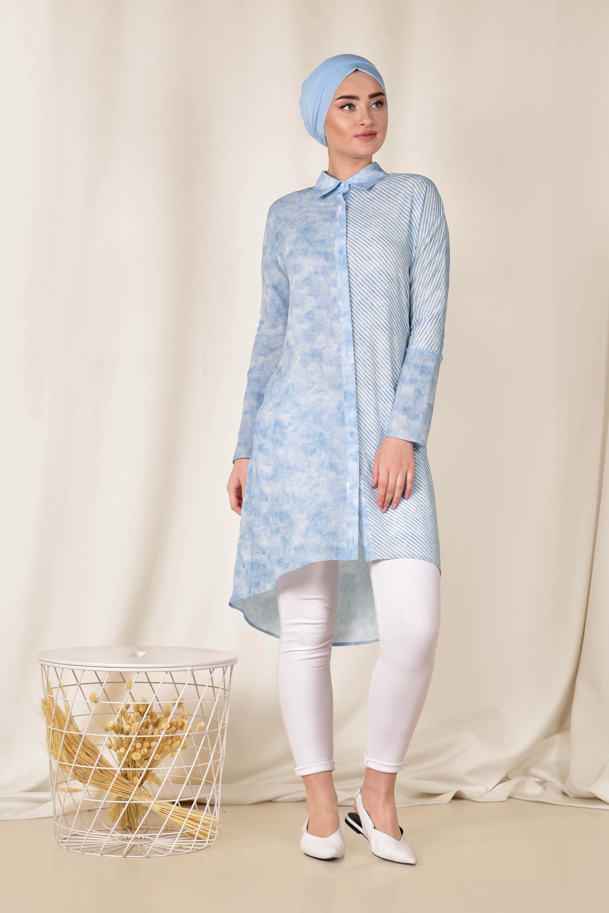 Tesettür giyim MAVİ TEK TARAFI ÇİZGİ DESENLİ TUNİK 4935