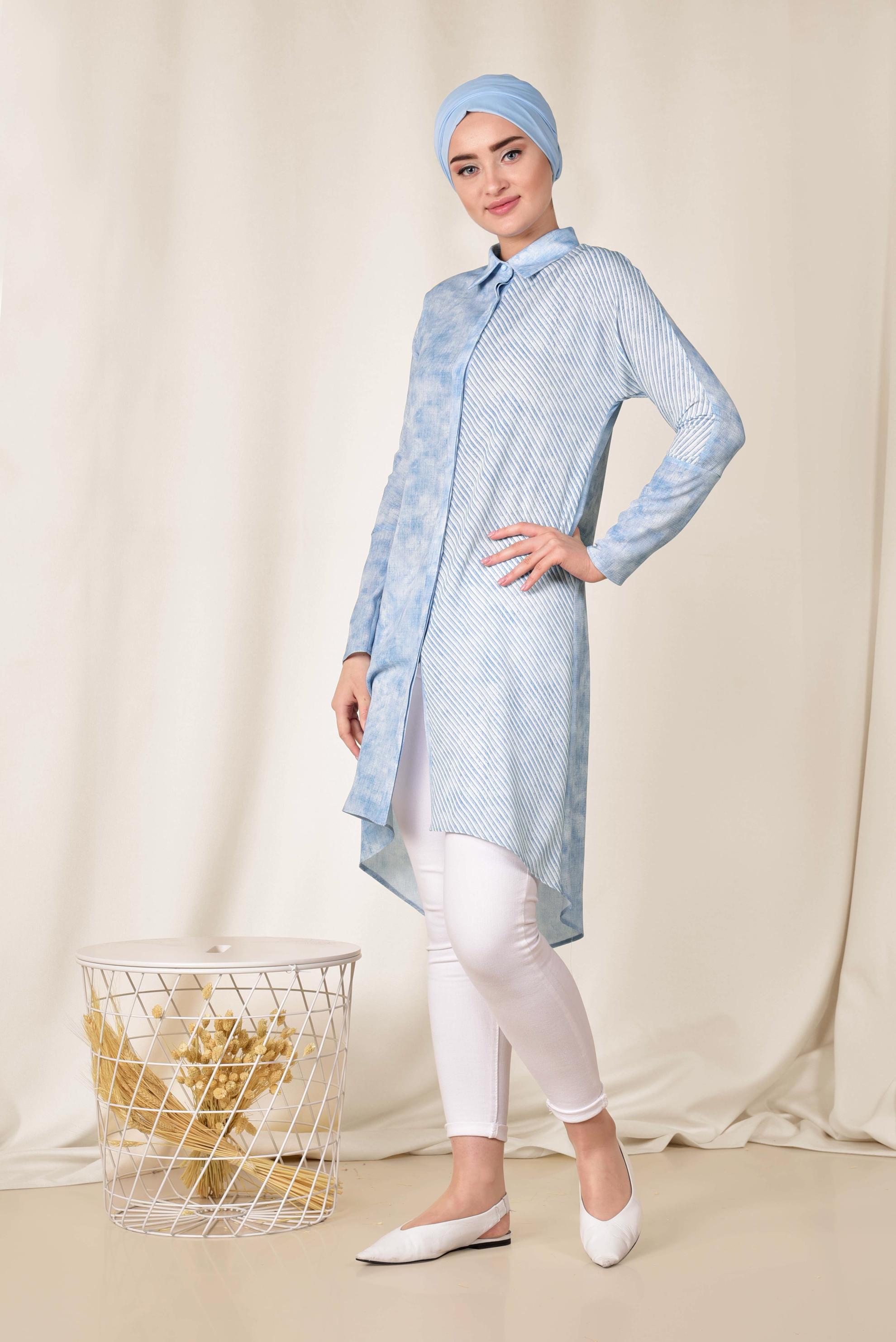 Tesettür giyim MAVİ TEK TARAFI ÇİZGİ DESENLİ TUNİK 4935