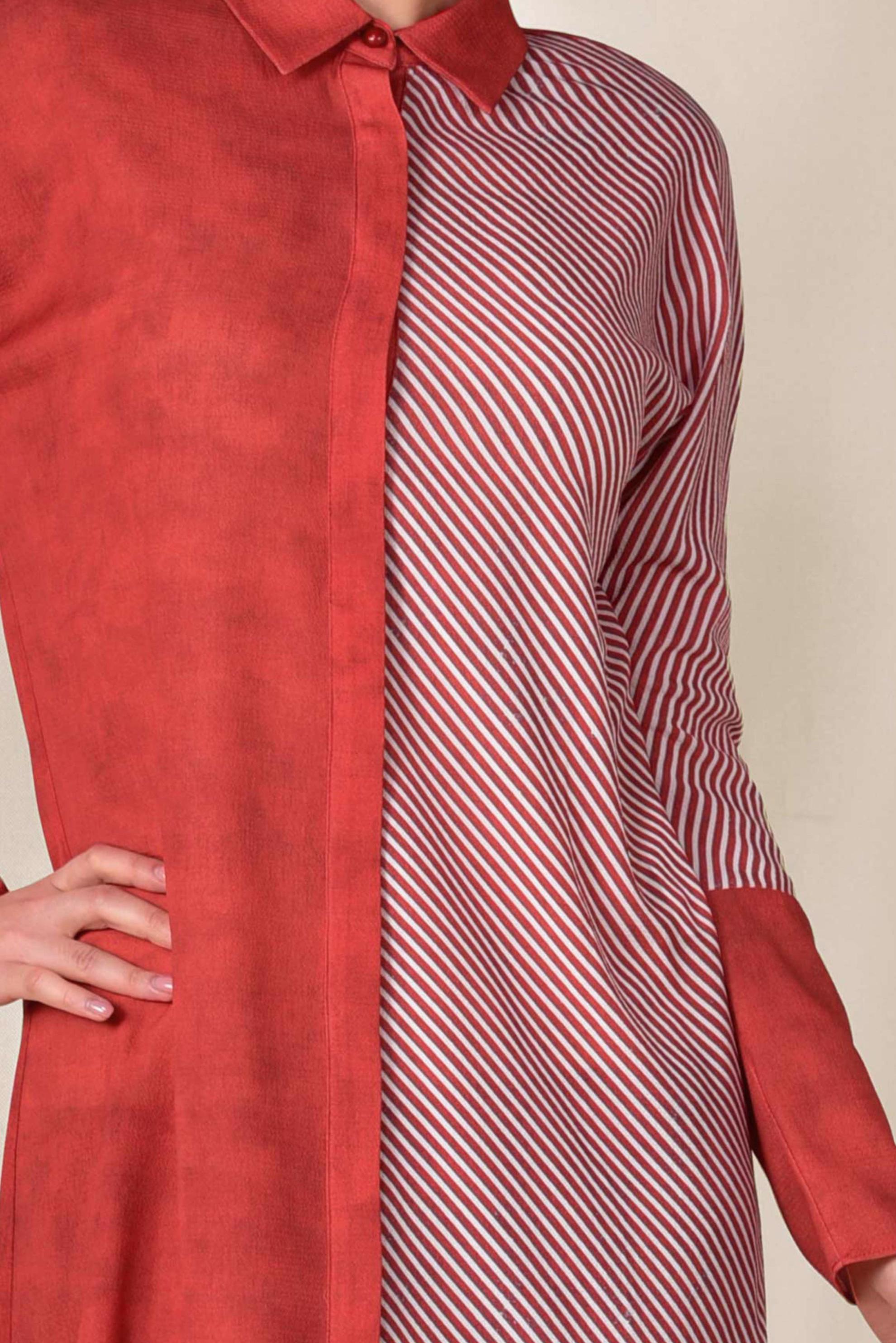 Tesettür giyim KIRMIZI TEK TARAFI ÇİZGİ DESENLİ TUNİK 4935