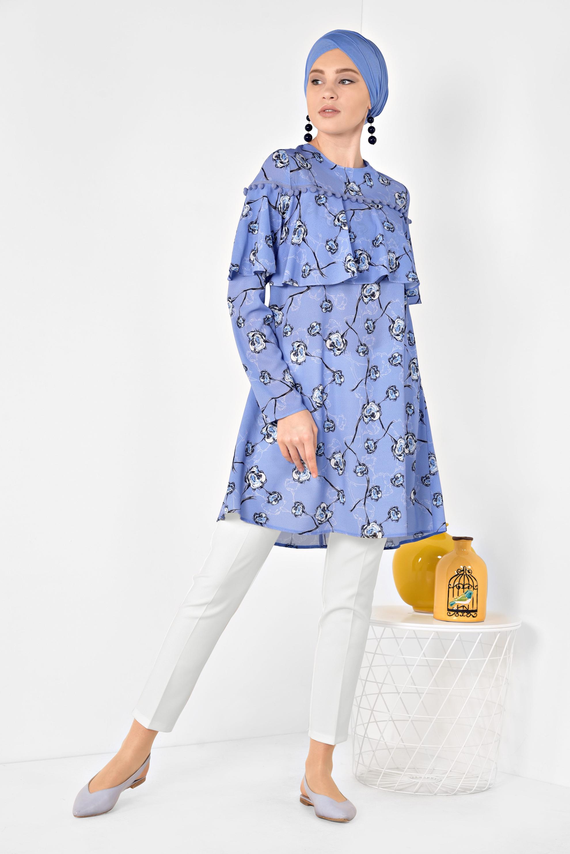 Hijab clothing BLUE Floral Patterned Flywheel Tunic 4938 