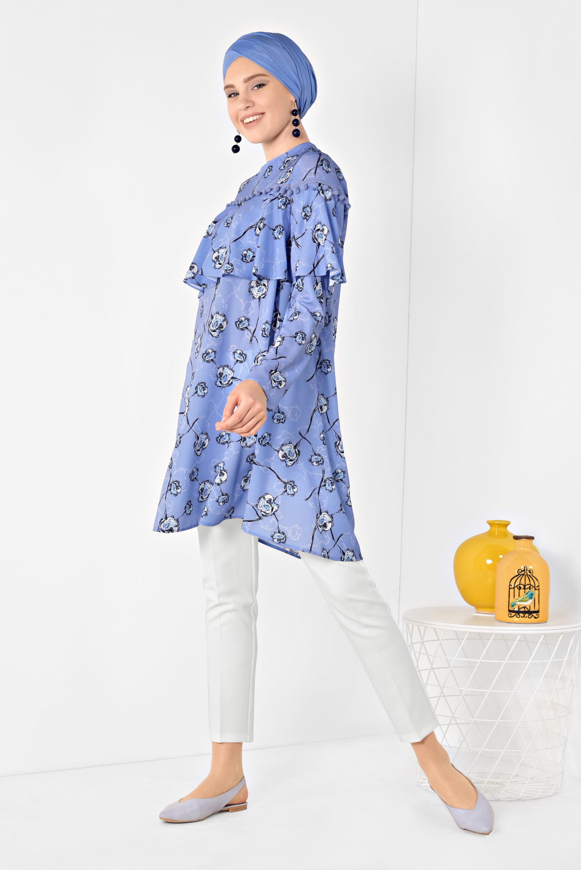 Hijab clothing BLUE Floral Patterned Flywheel Tunic 4938 