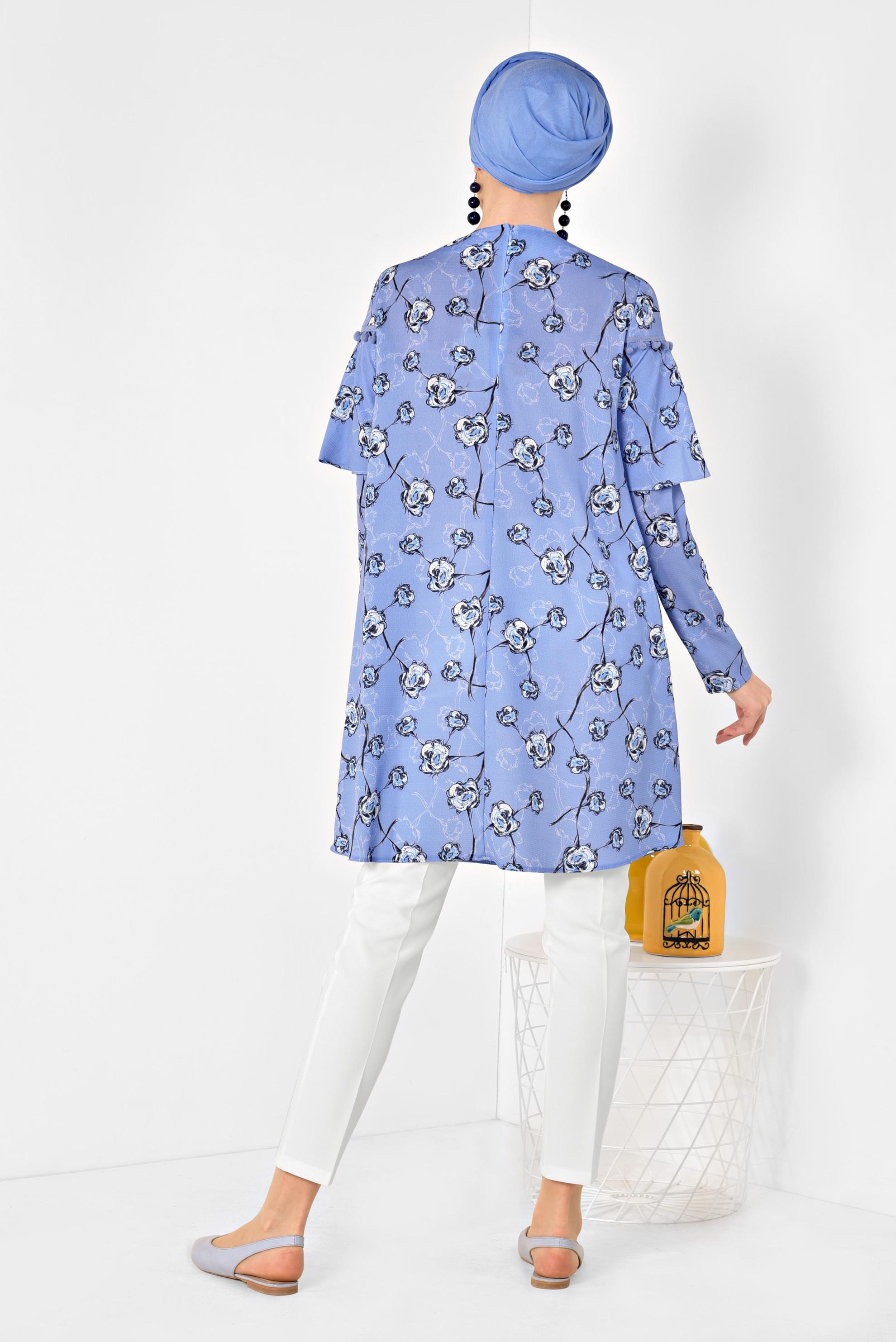 Hijab clothing BLUE Floral Patterned Flywheel Tunic 4938 