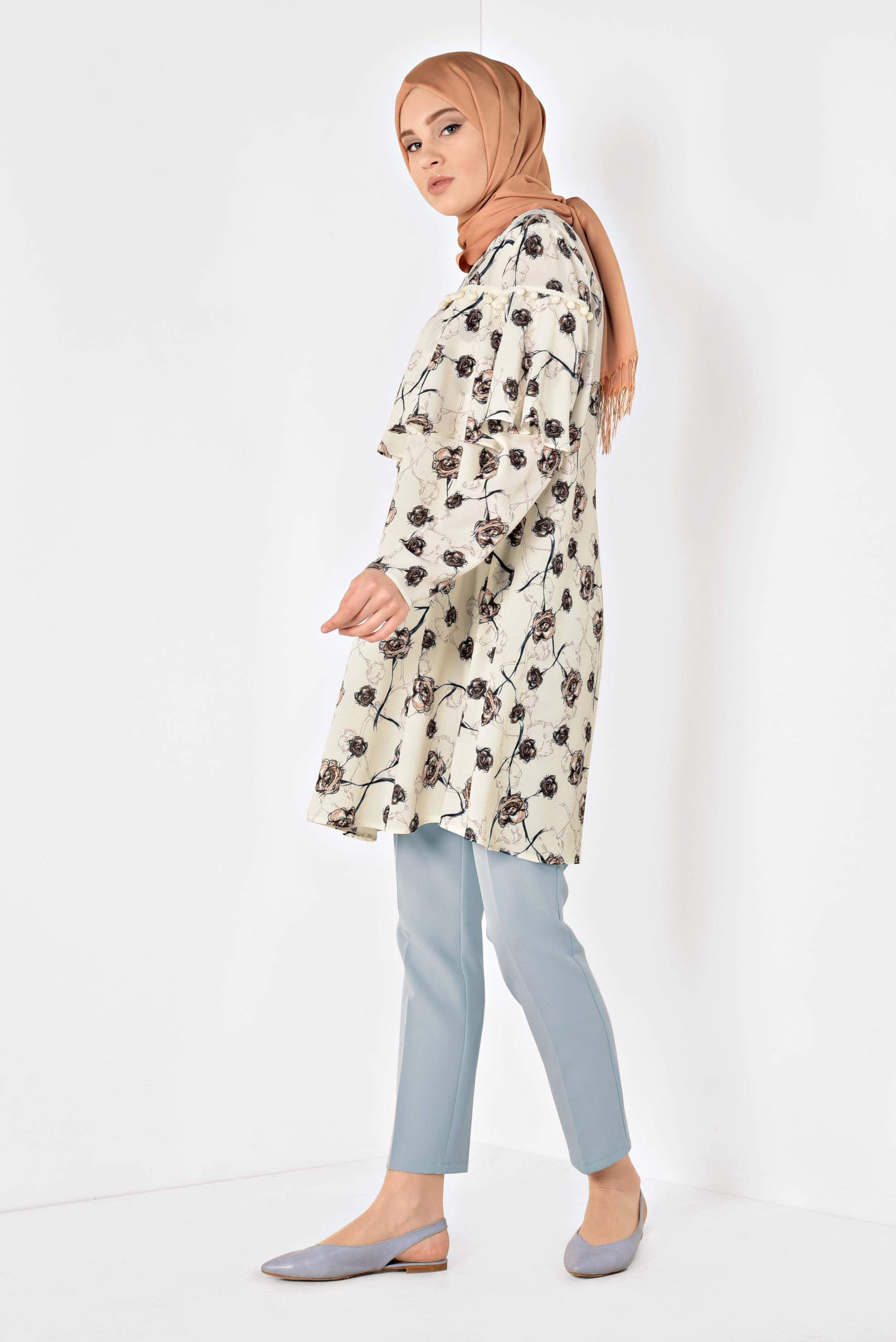Tesettür giyim BEJ FLORAL DESENLİ VOLANLI TUNİK 4938