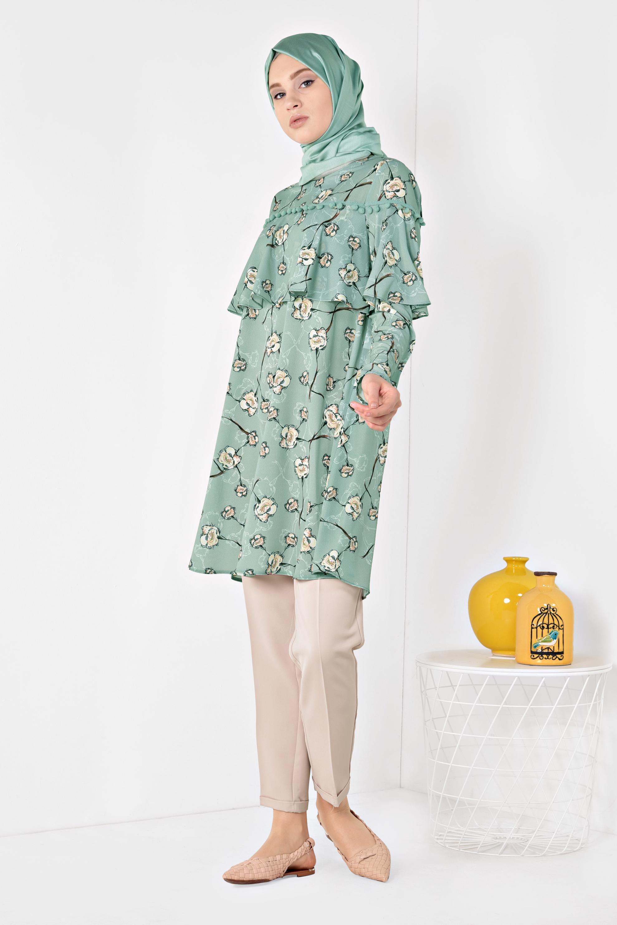 Tesettür giyim YEŞİL FLORAL DESENLİ VOLANLI TUNİK 4938