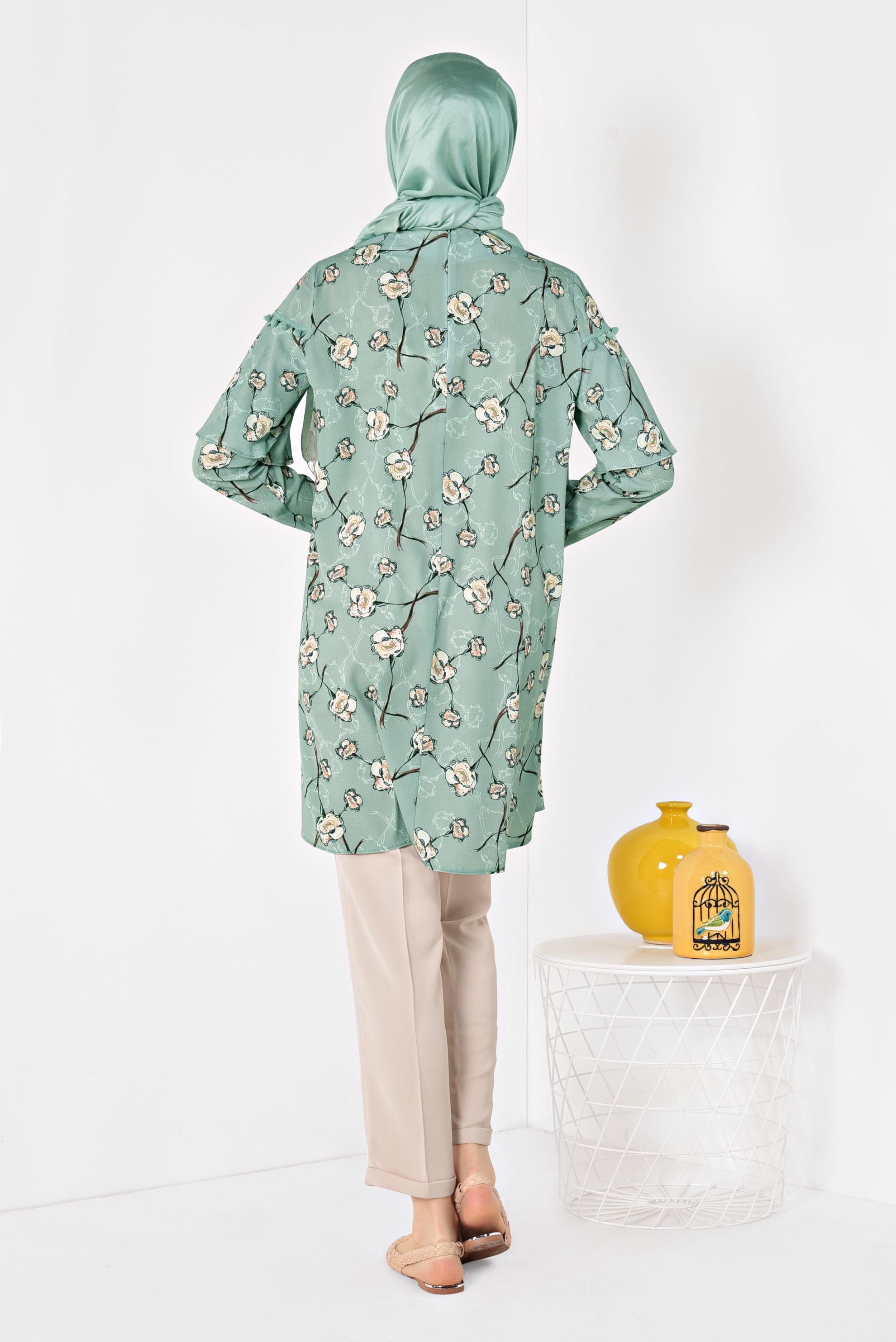 Tesettür giyim YEŞİL FLORAL DESENLİ VOLANLI TUNİK 4938
