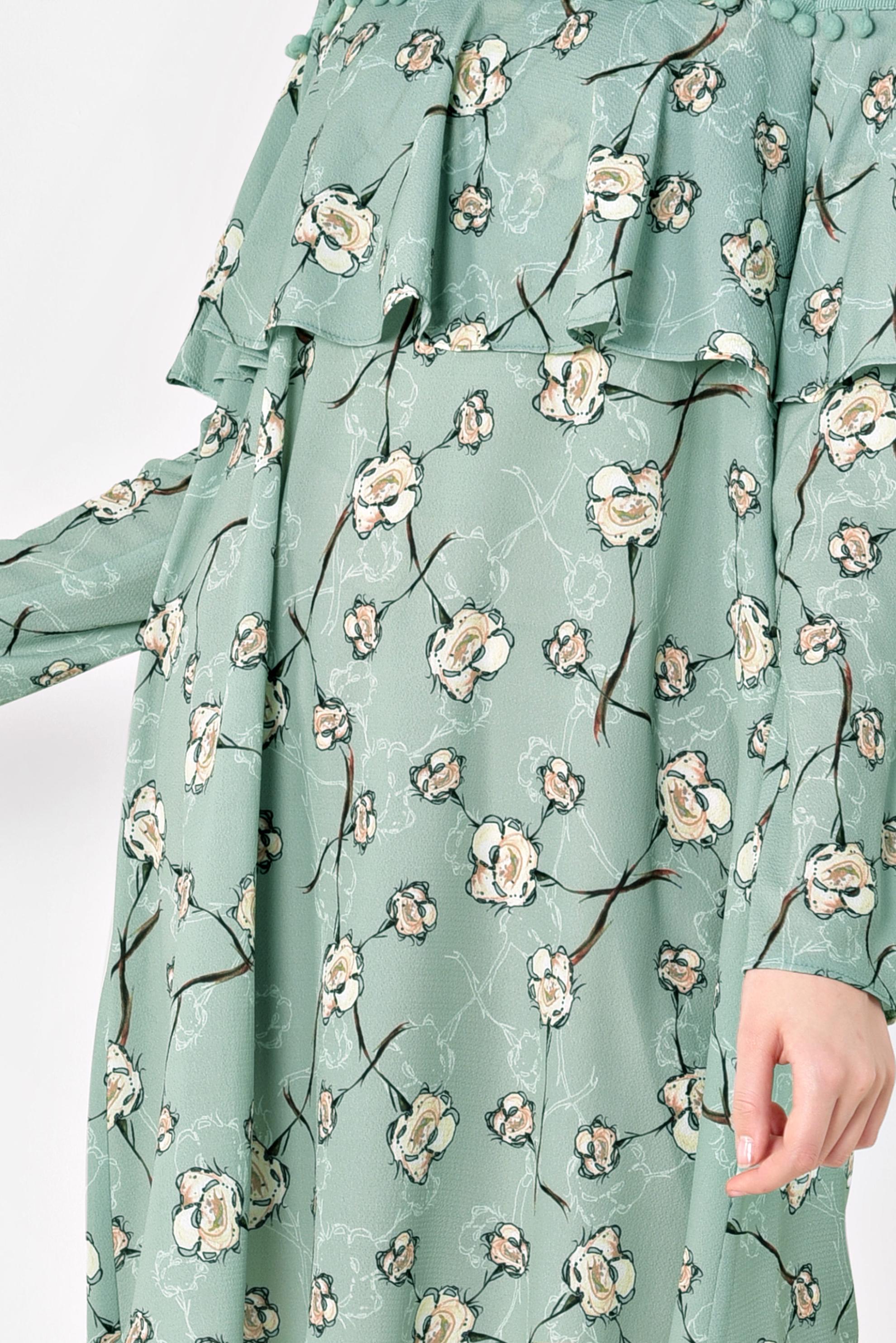 Tesettür giyim YEŞİL FLORAL DESENLİ VOLANLI TUNİK 4938