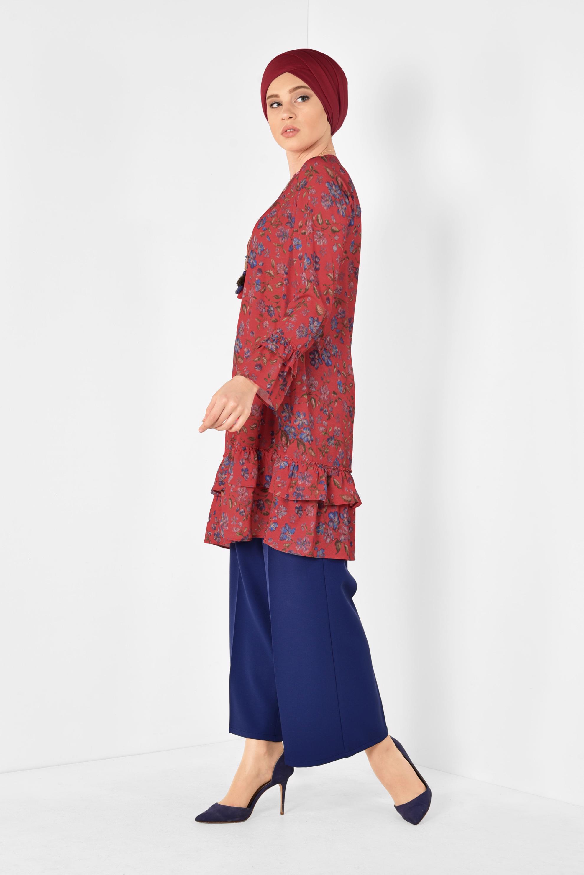 Tesettür giyim KIRMIZI ETEK UCU VE KOLLARI FIRFIRLI TUNİK 4971