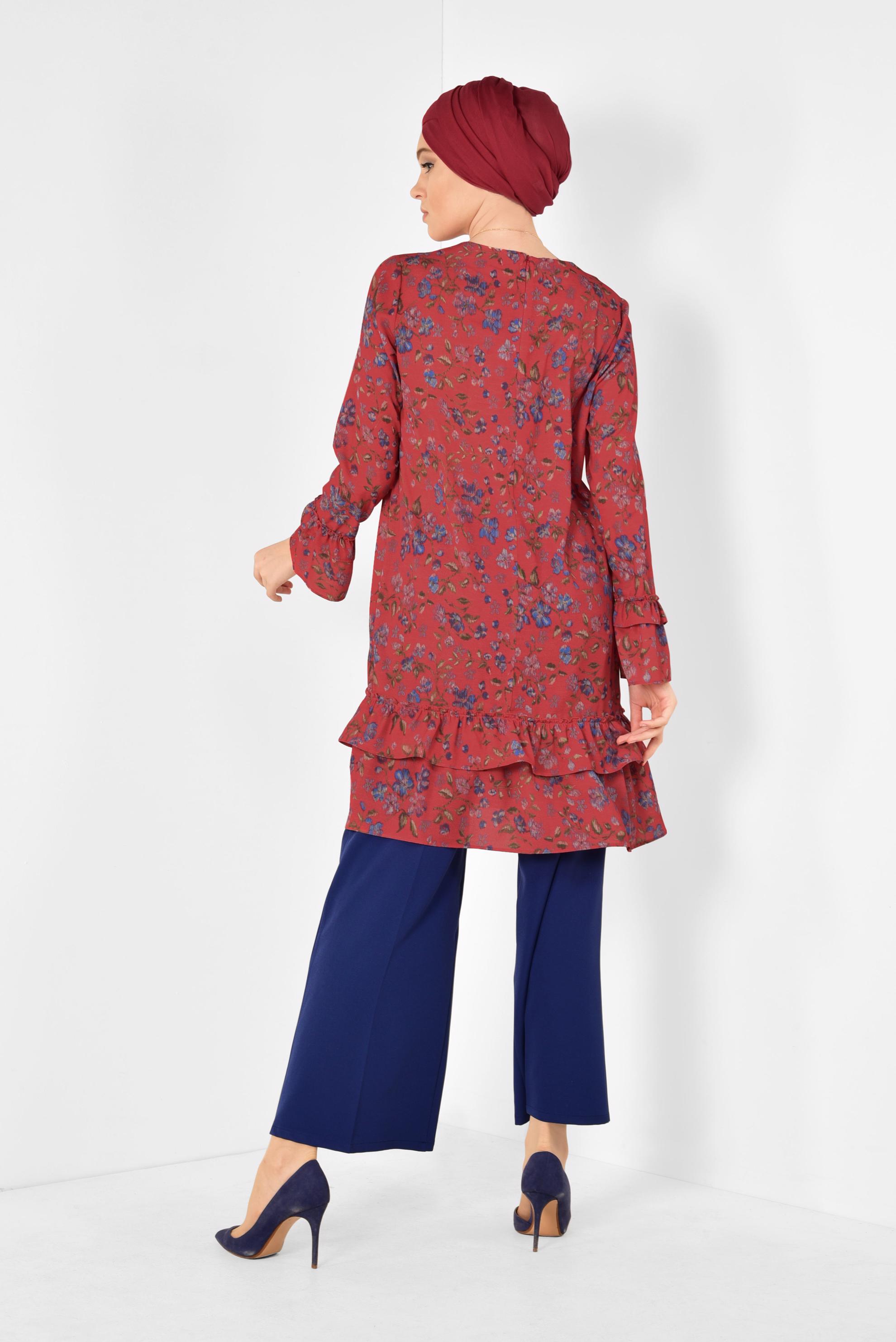 Tesettür giyim KIRMIZI ETEK UCU VE KOLLARI FIRFIRLI TUNİK 4971