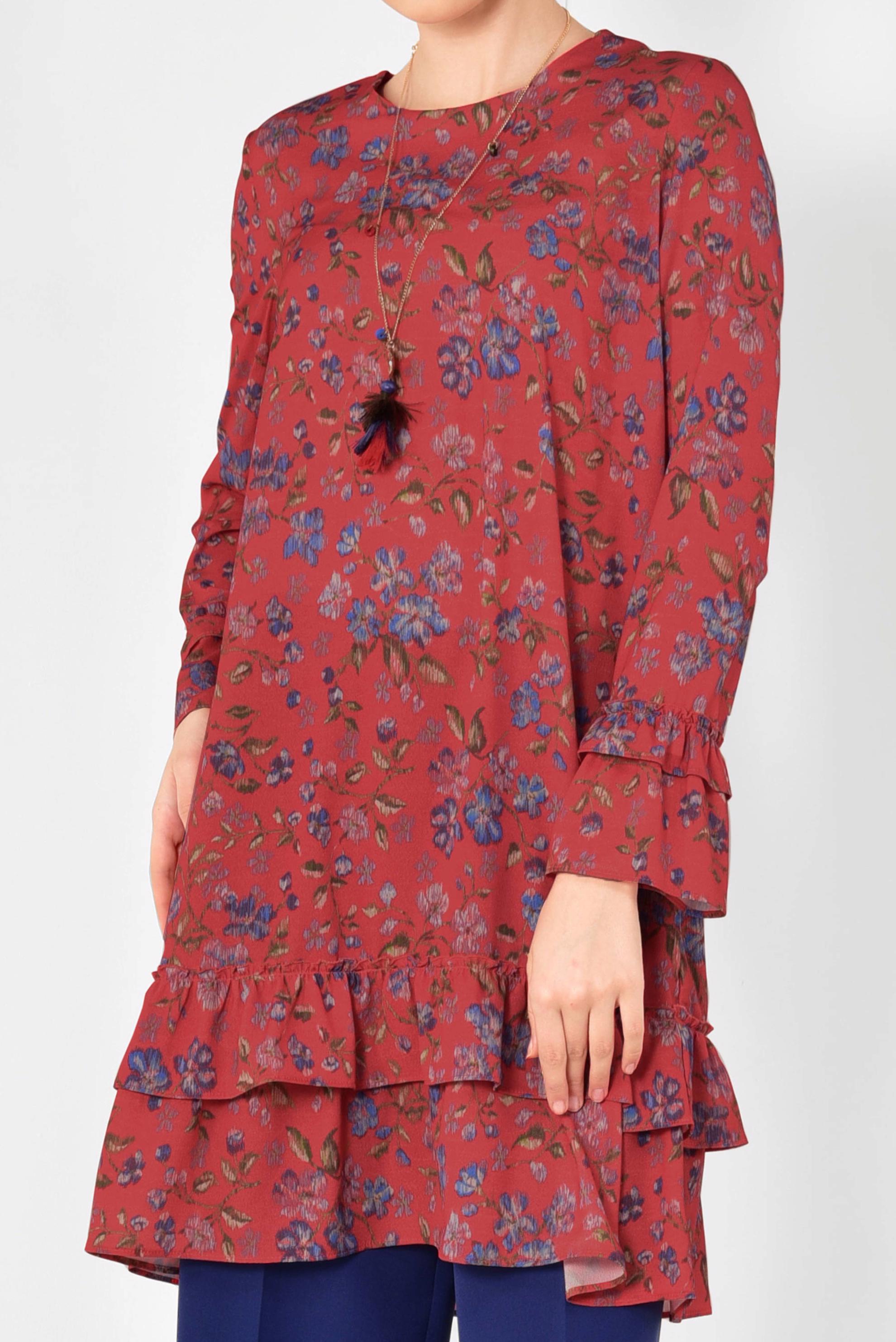 Tesettür giyim KIRMIZI ETEK UCU VE KOLLARI FIRFIRLI TUNİK 4971