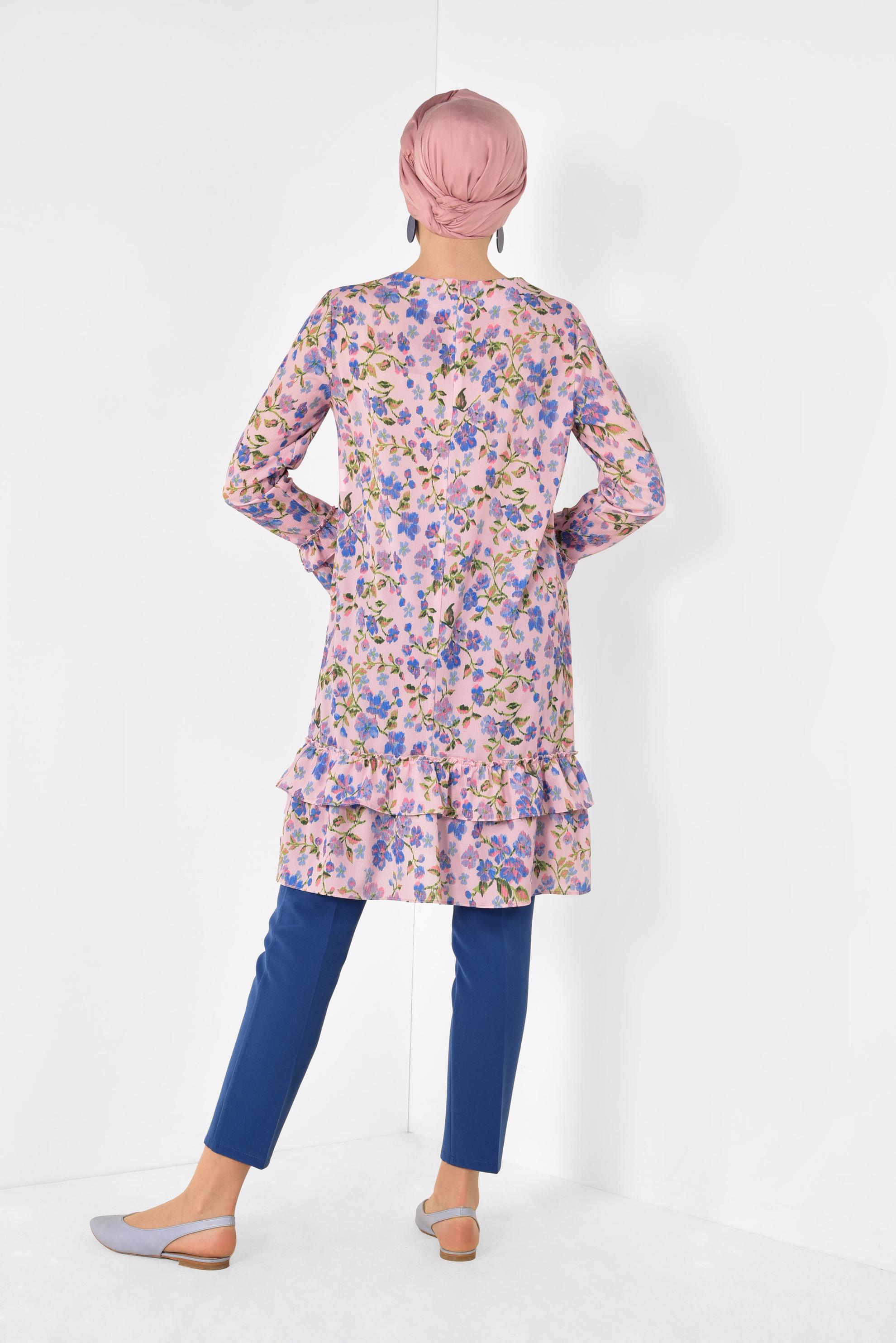 Tesettür giyim PEMBE ETEK UCU VE KOLLARI FIRFIRLI TUNİK 4971