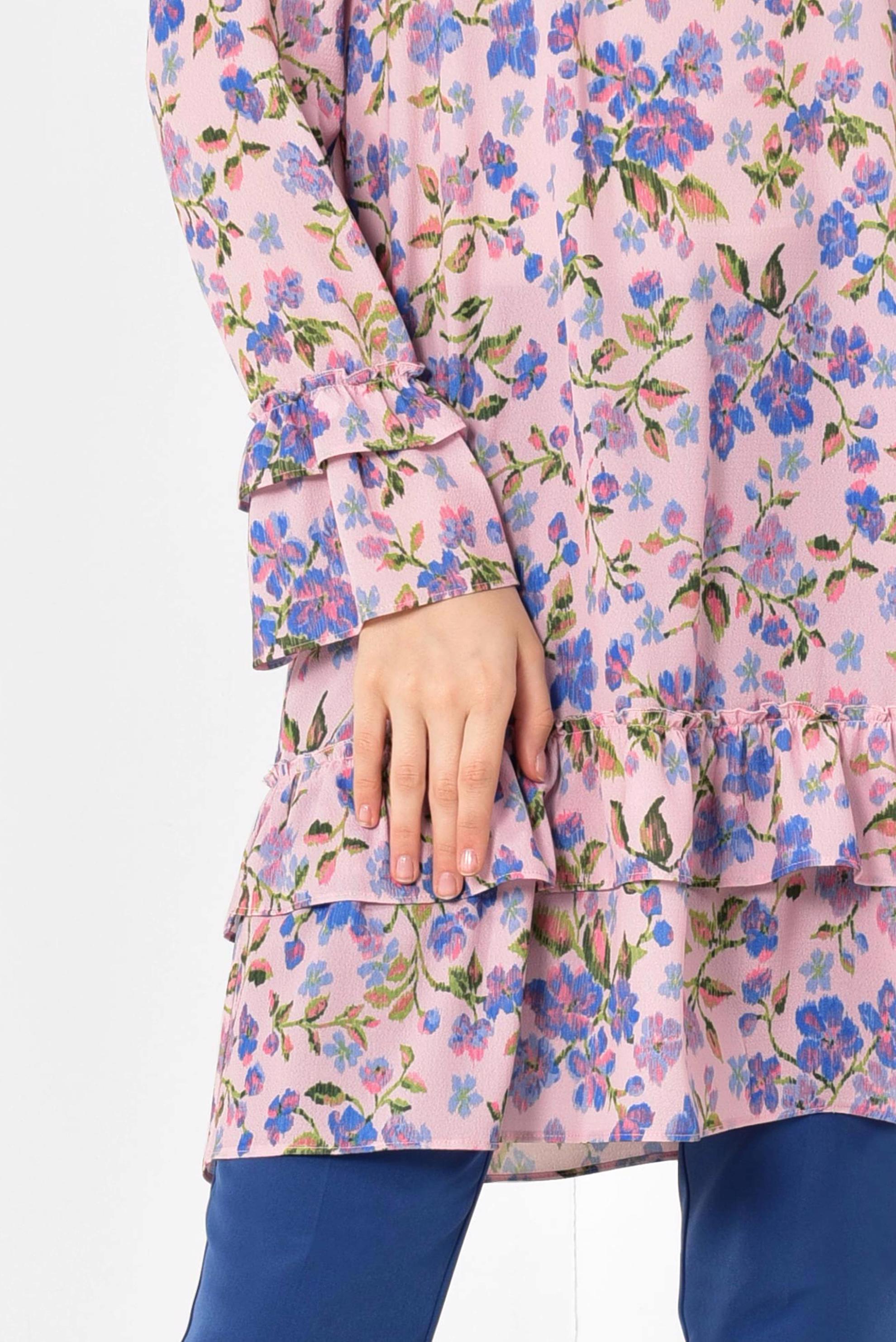 Tesettür giyim PEMBE ETEK UCU VE KOLLARI FIRFIRLI TUNİK 4971