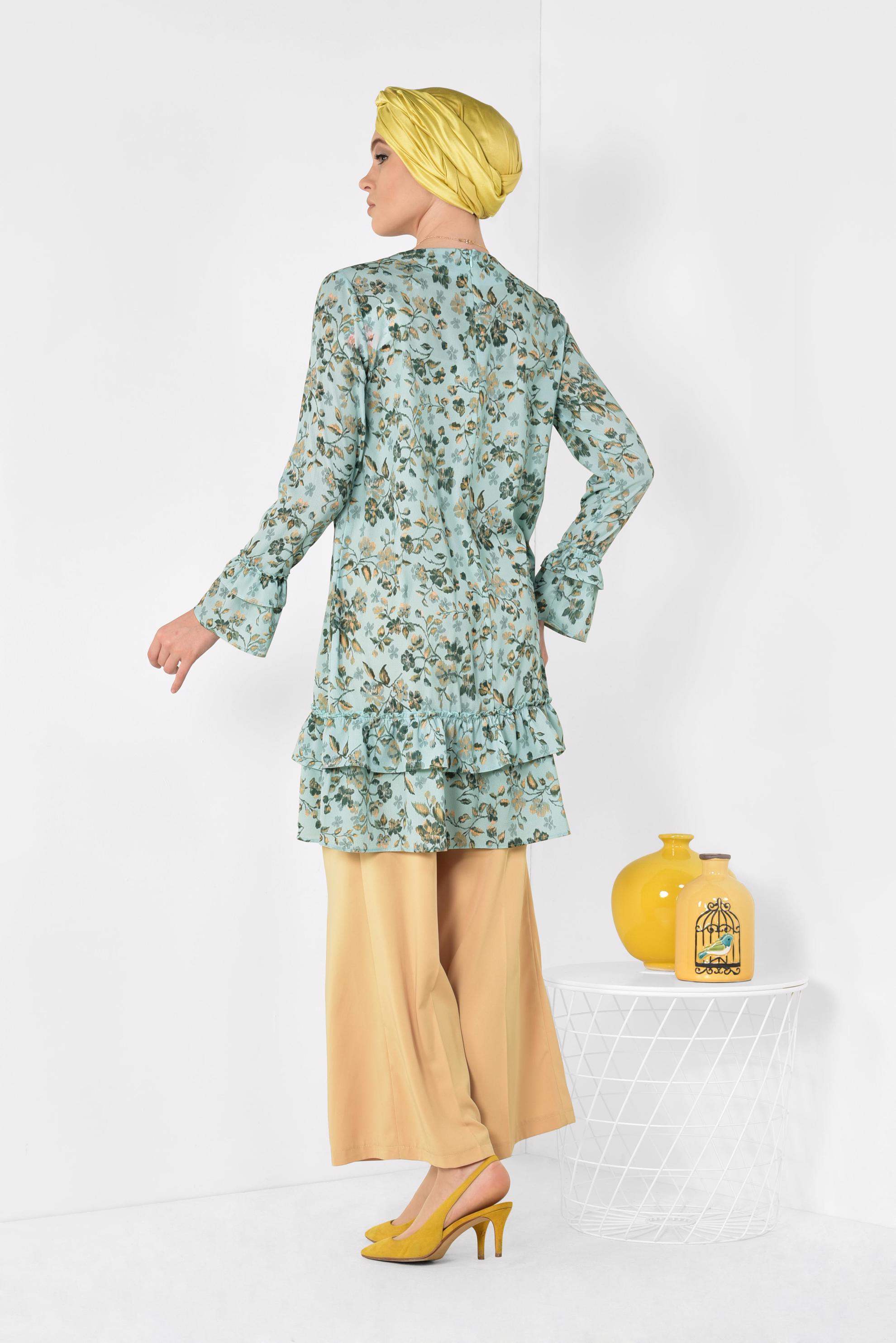 Tesettür giyim MAVİ ETEK UCU VE KOLLARI FIRFIRLI TUNİK 4971