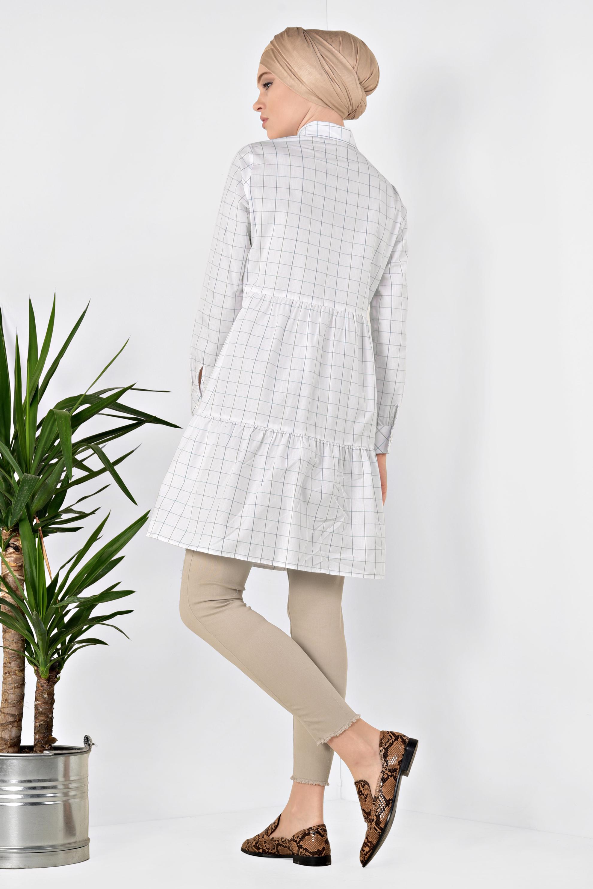 Tesettür giyim BEYAZ YAKASI ARMALI KARE DESENLİ TUNİK 4974