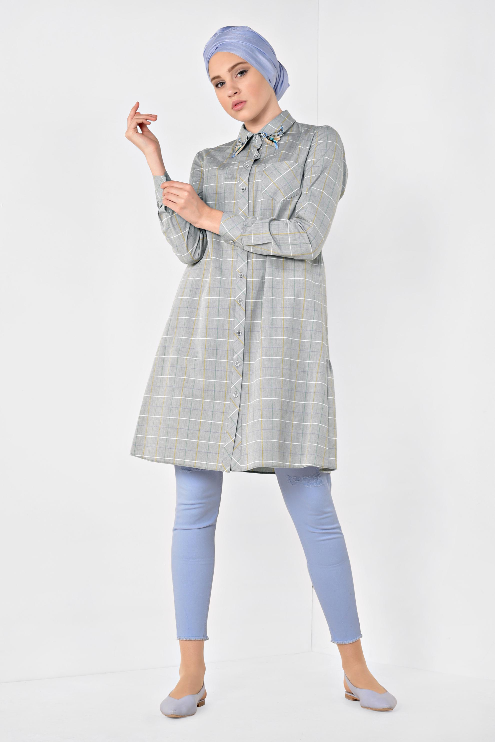 Tesettür giyim HAKİ YAKASI ARMALI KARE DESENLİ TUNİK 4974