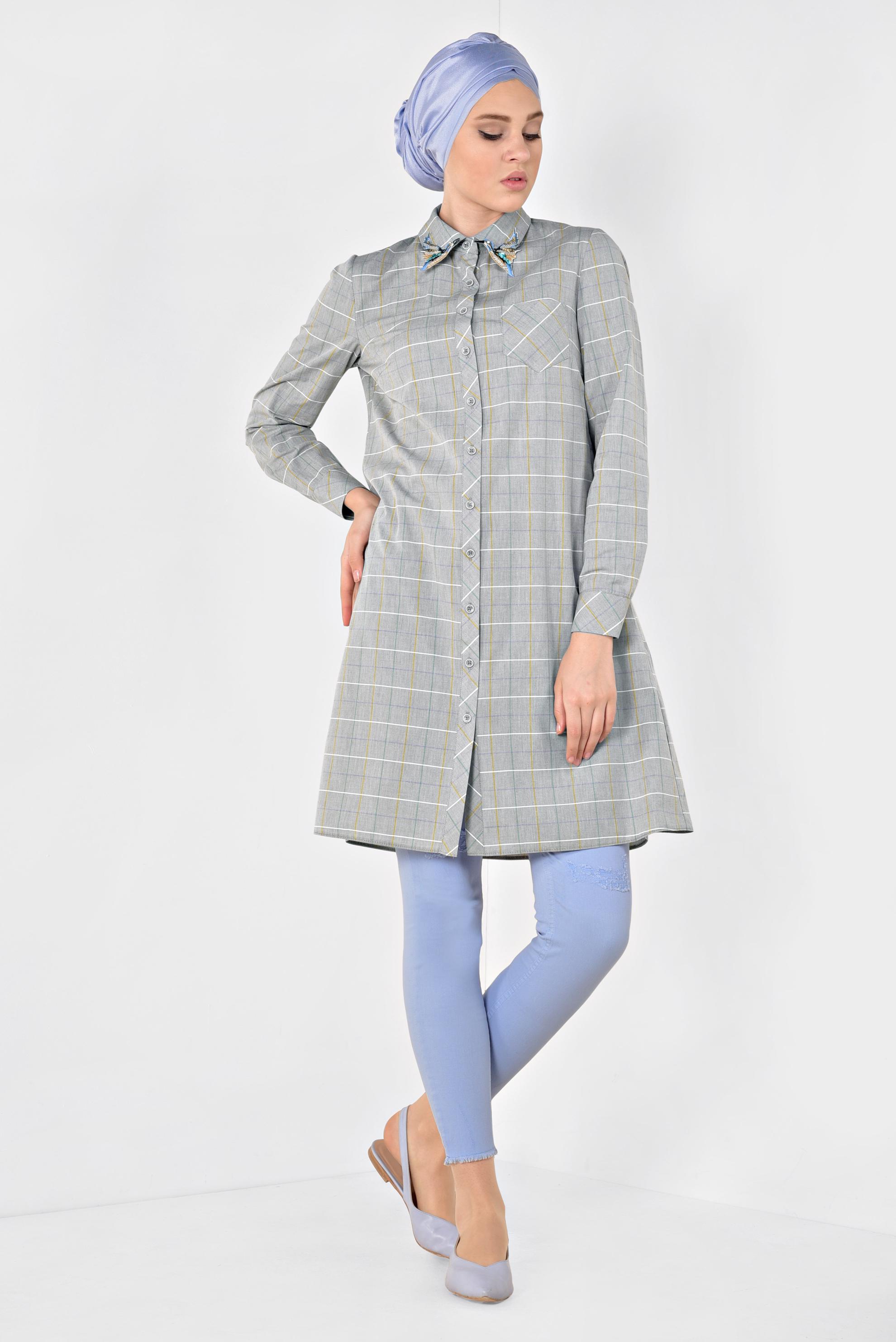 Tesettür giyim HAKİ YAKASI ARMALI KARE DESENLİ TUNİK 4974