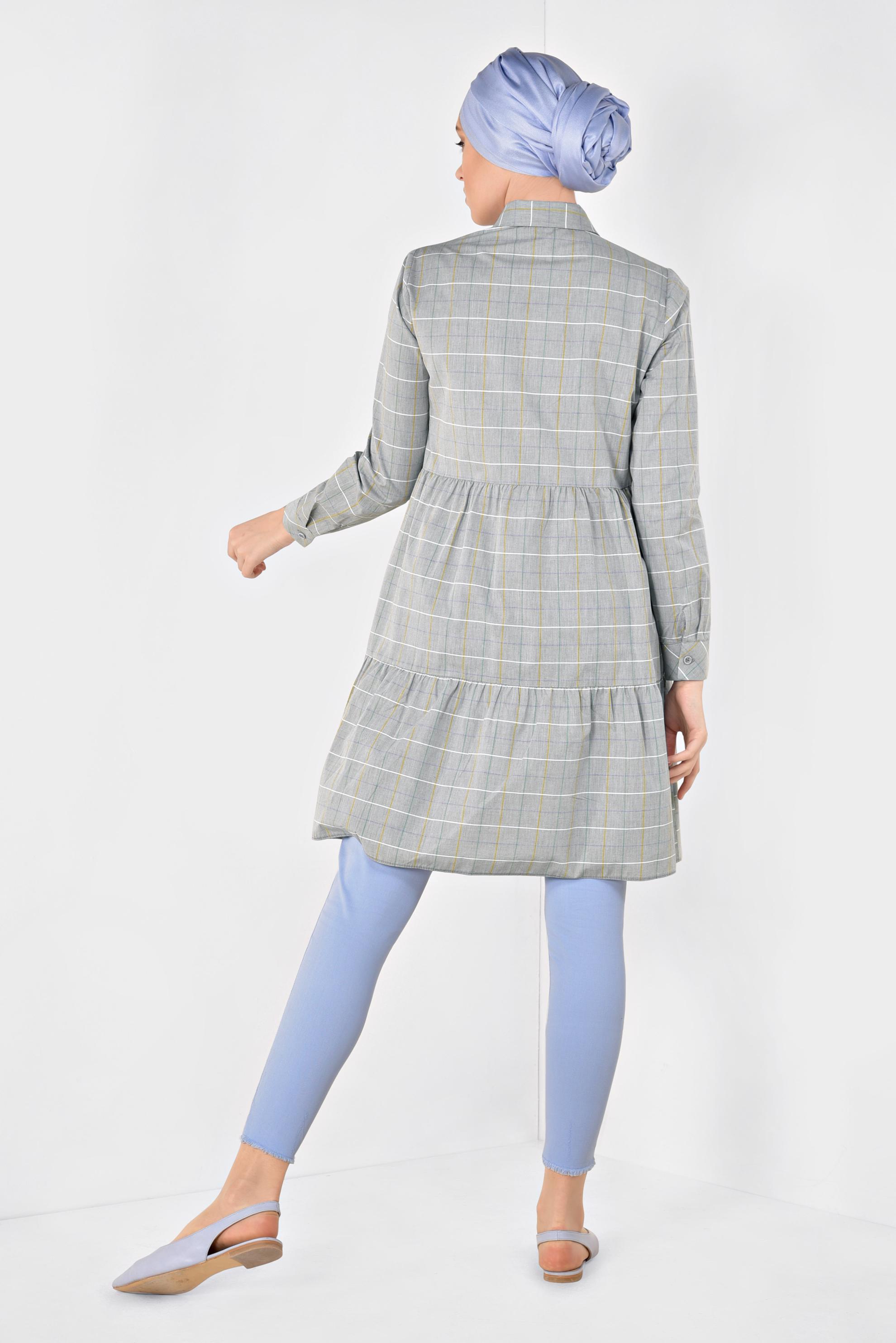 Tesettür giyim HAKİ YAKASI ARMALI KARE DESENLİ TUNİK 4974