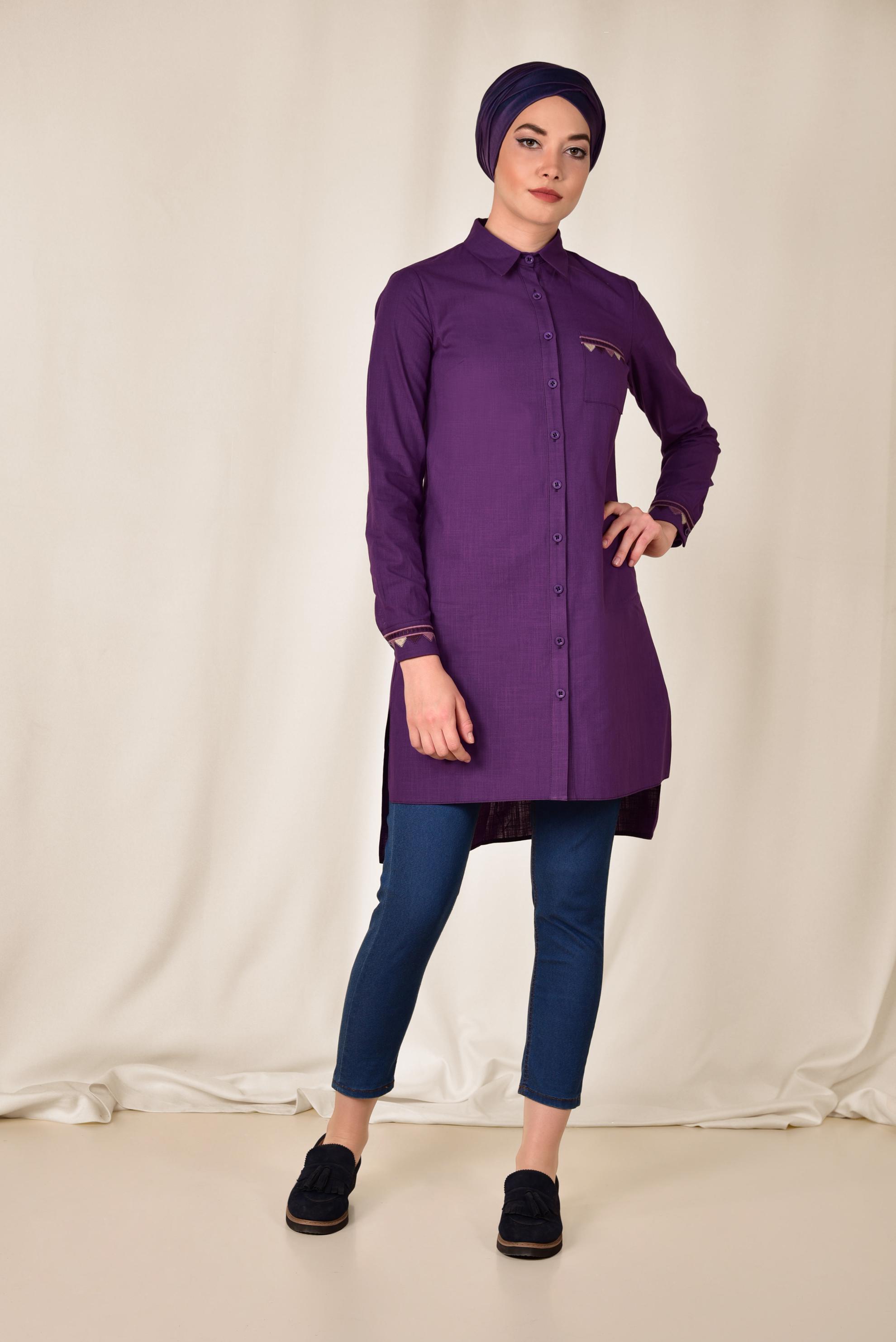 Tesettür giyim MOR NAKIŞ DETAYLI KETEN TUNİK 4975