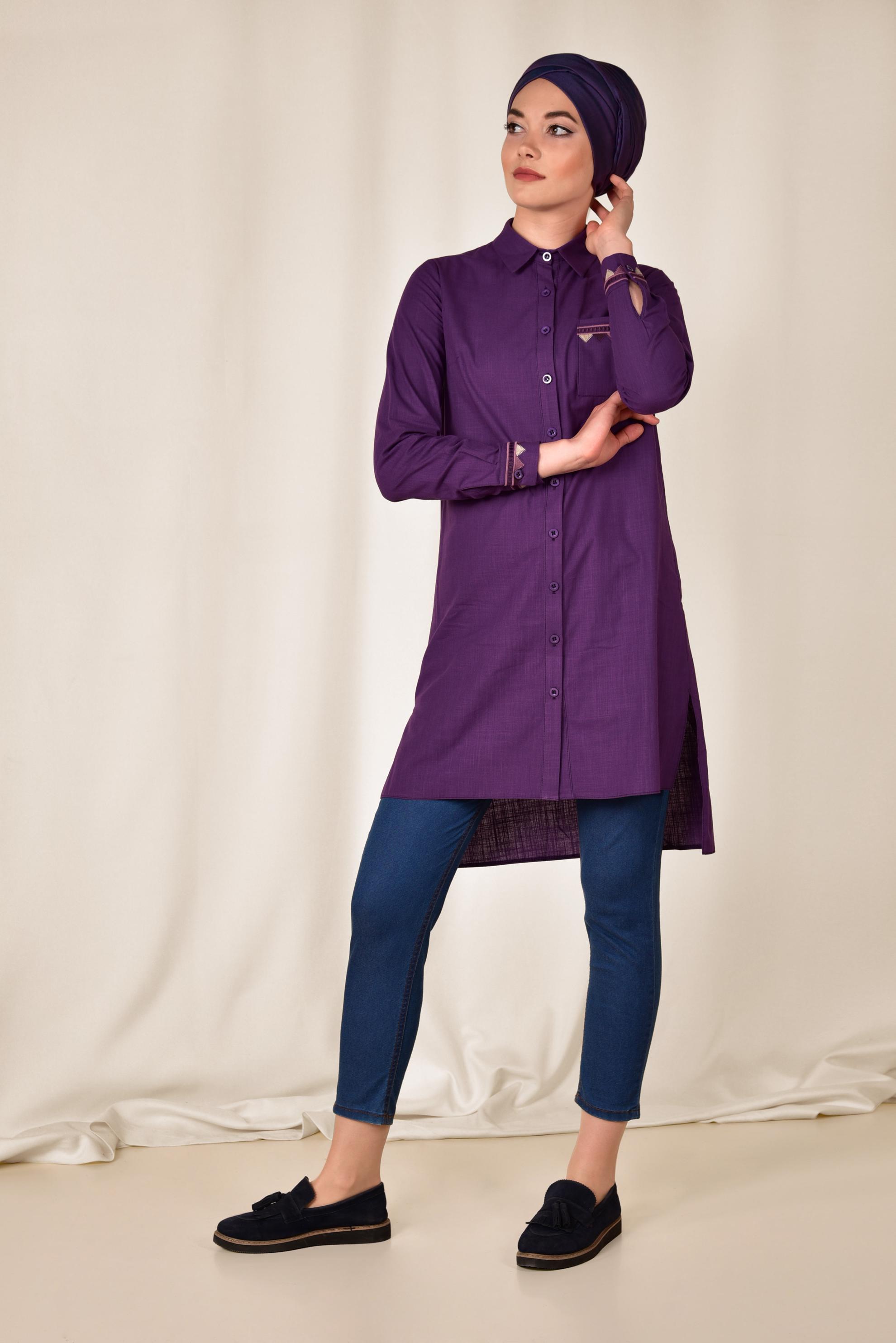 Tesettür giyim MOR NAKIŞ DETAYLI KETEN TUNİK 4975