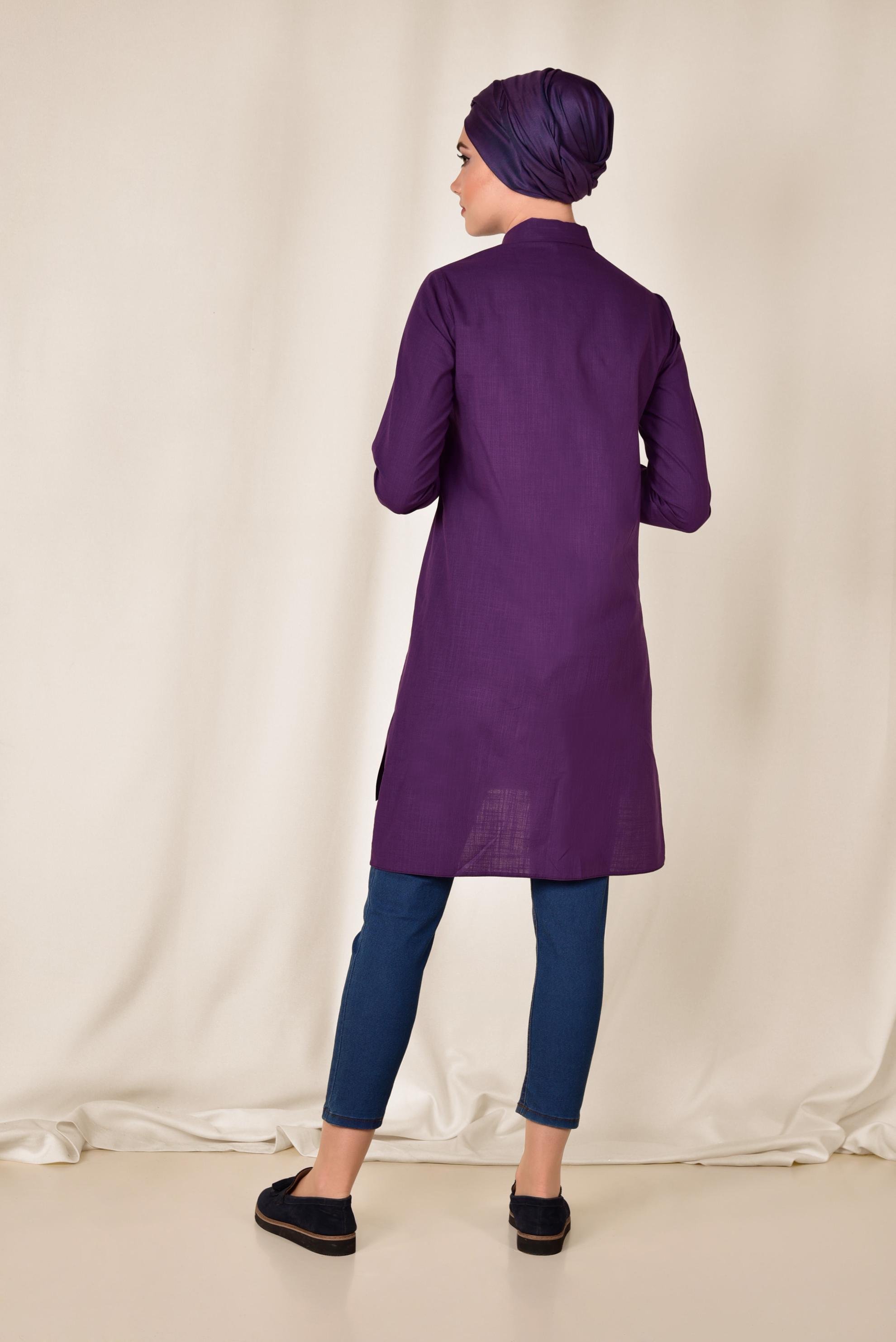 Tesettür giyim MOR NAKIŞ DETAYLI KETEN TUNİK 4975