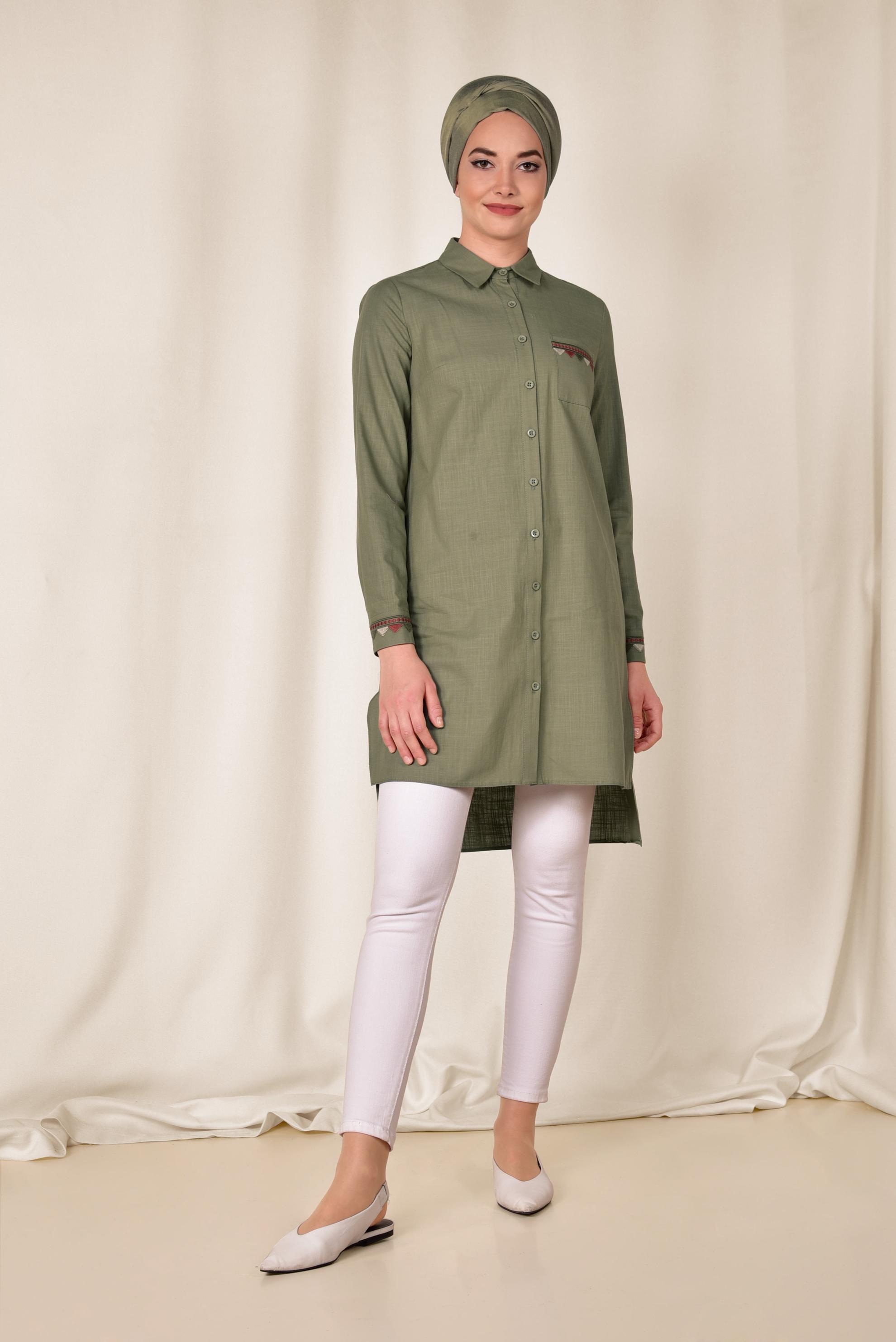 Tesettür giyim HAKİ NAKIŞ DETAYLI KETEN TUNİK 4975