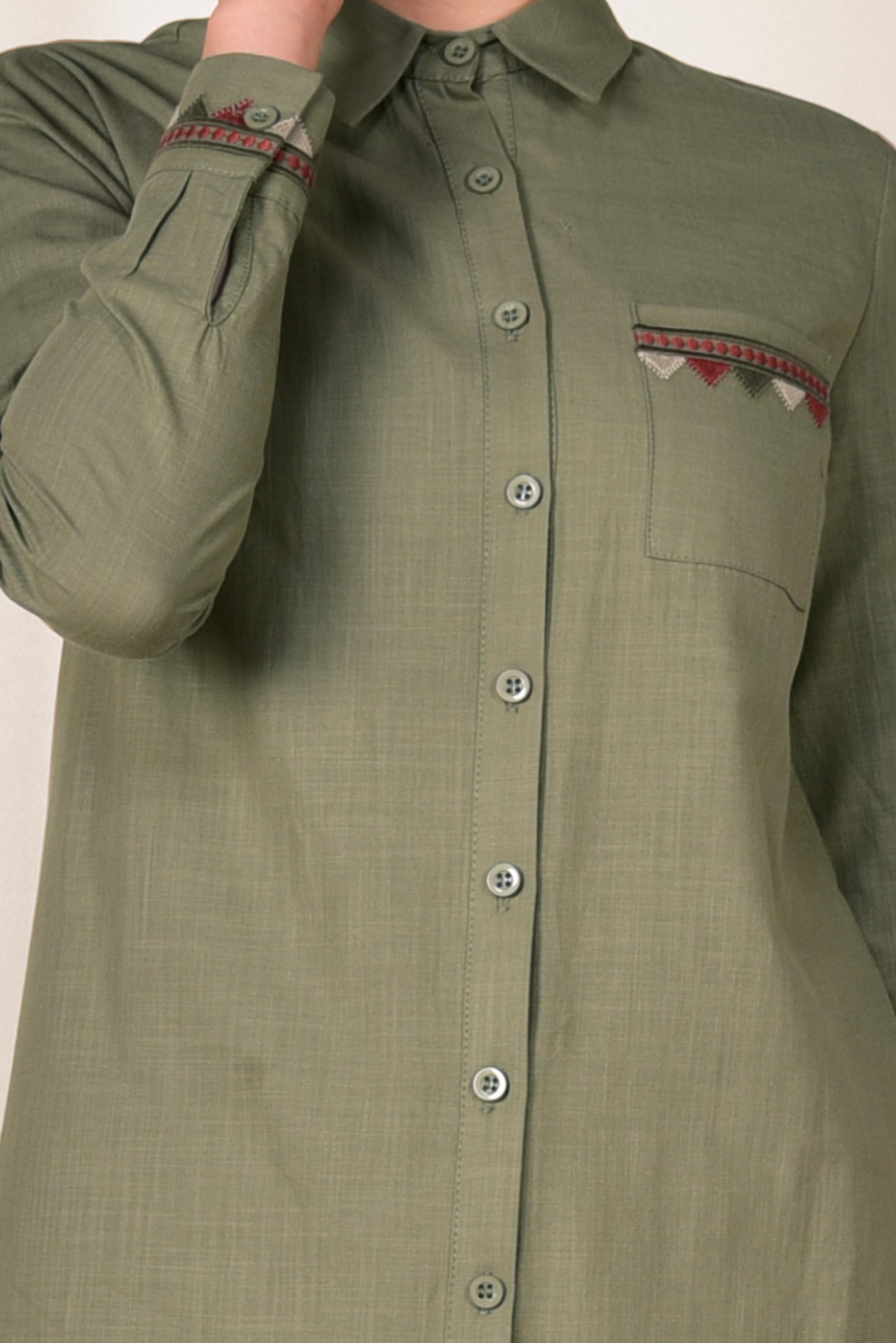 Tesettür giyim HAKİ NAKIŞ DETAYLI KETEN TUNİK 4975