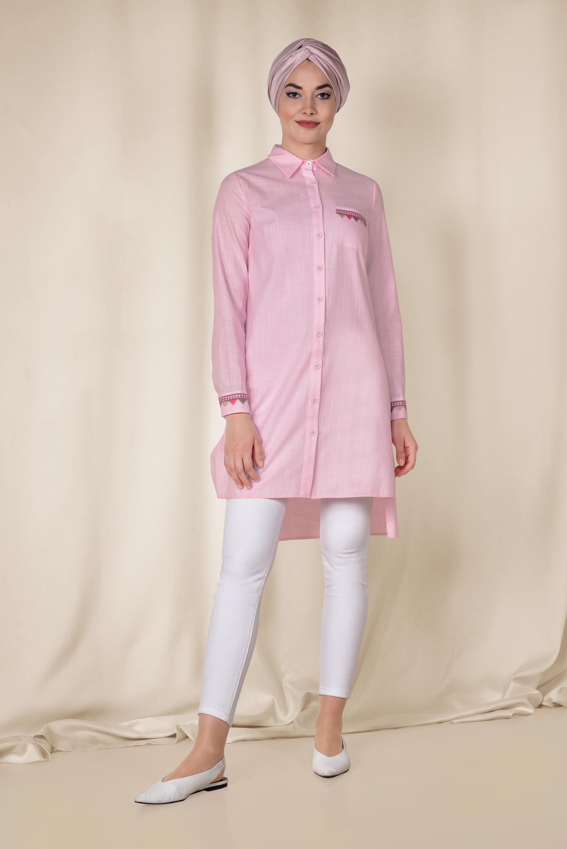 Tesettür giyim PEMBE NAKIŞ DETAYLI KETEN TUNİK 4975