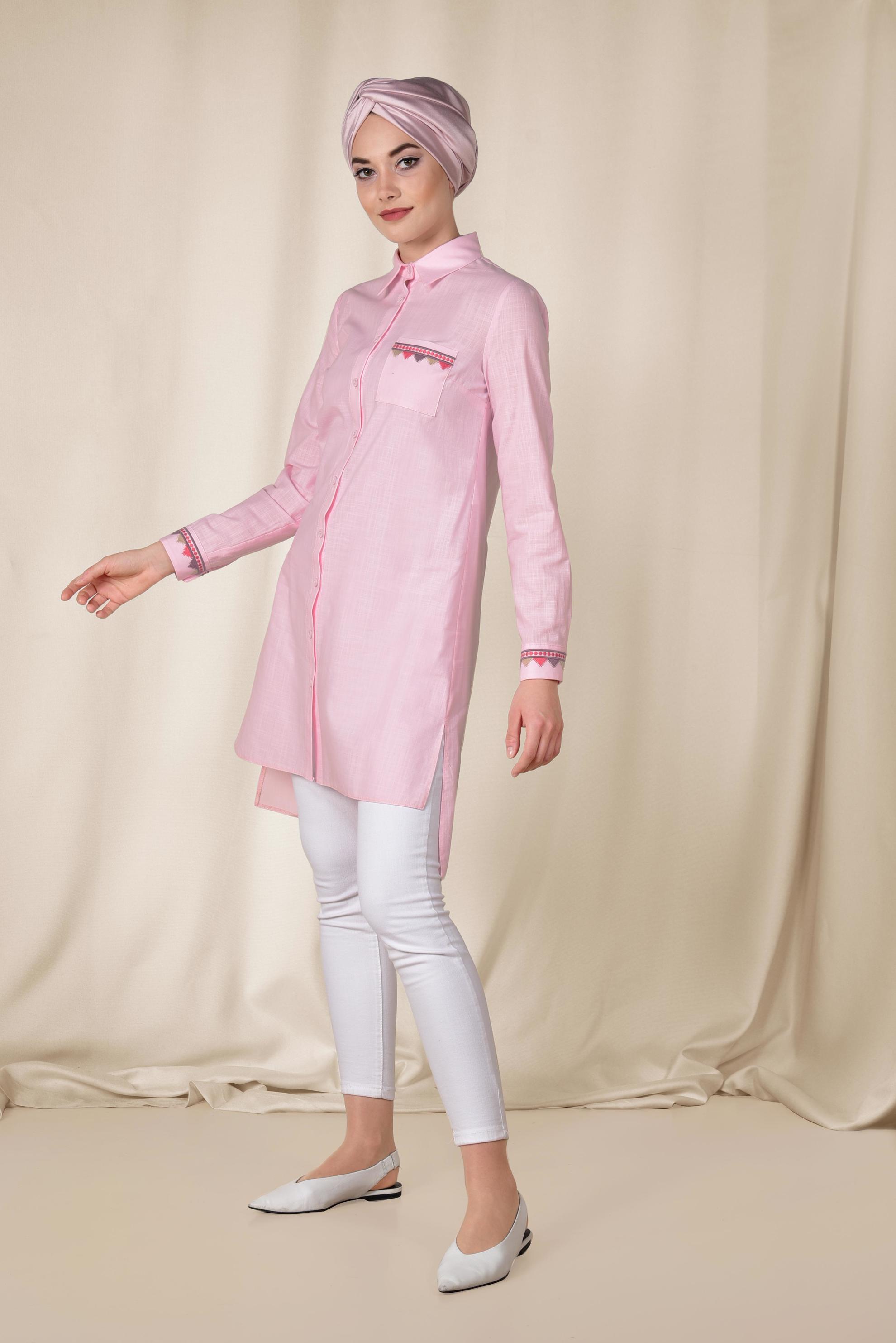 Tesettür giyim PEMBE NAKIŞ DETAYLI KETEN TUNİK 4975