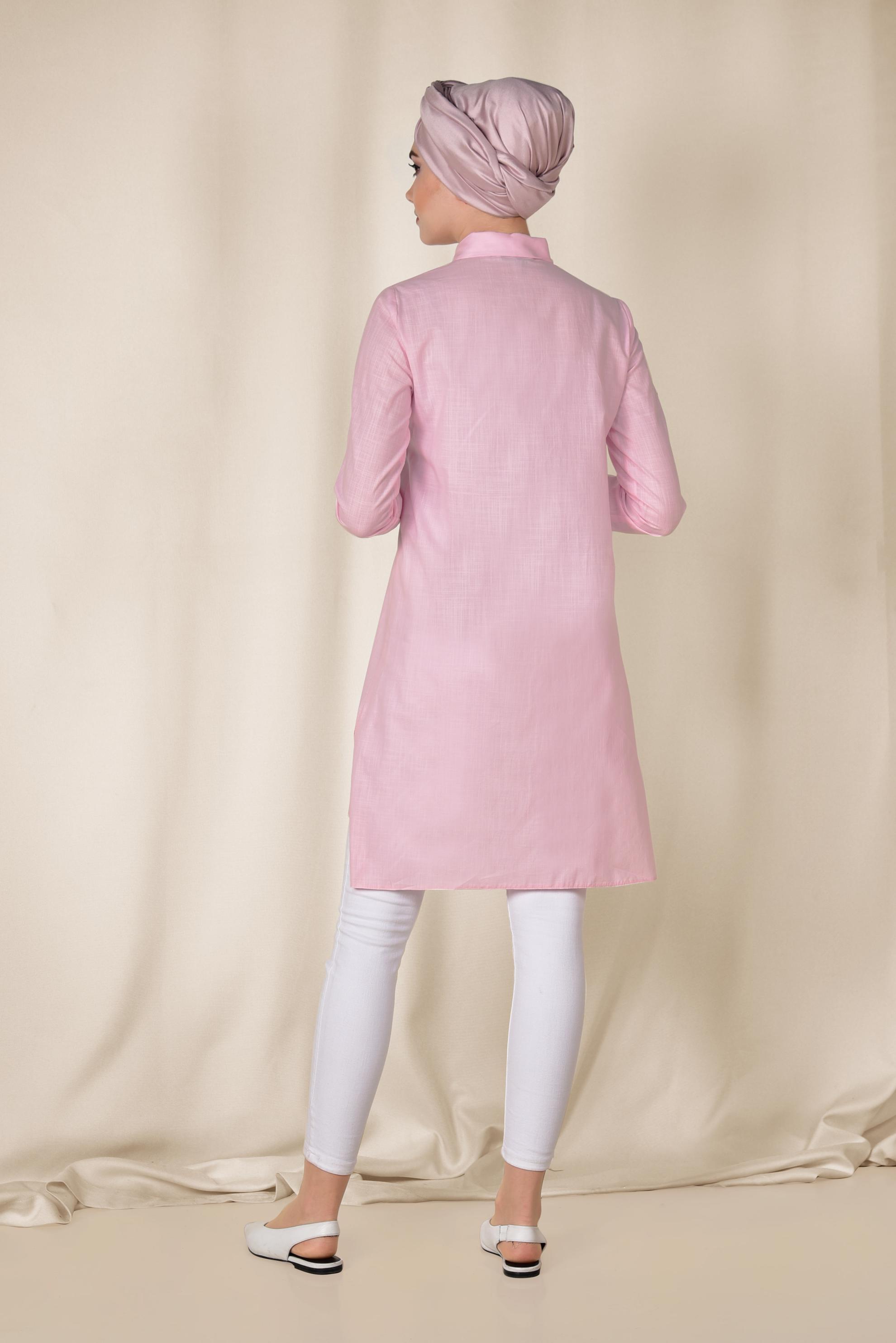 Tesettür giyim PEMBE NAKIŞ DETAYLI KETEN TUNİK 4975