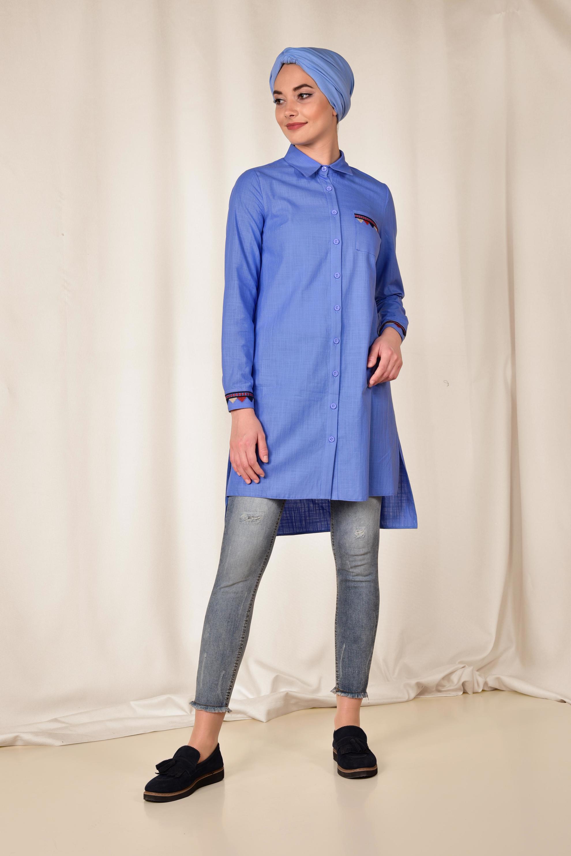 Tesettür giyim LACİVERT NAKIŞ DETAYLI KETEN TUNİK 4975