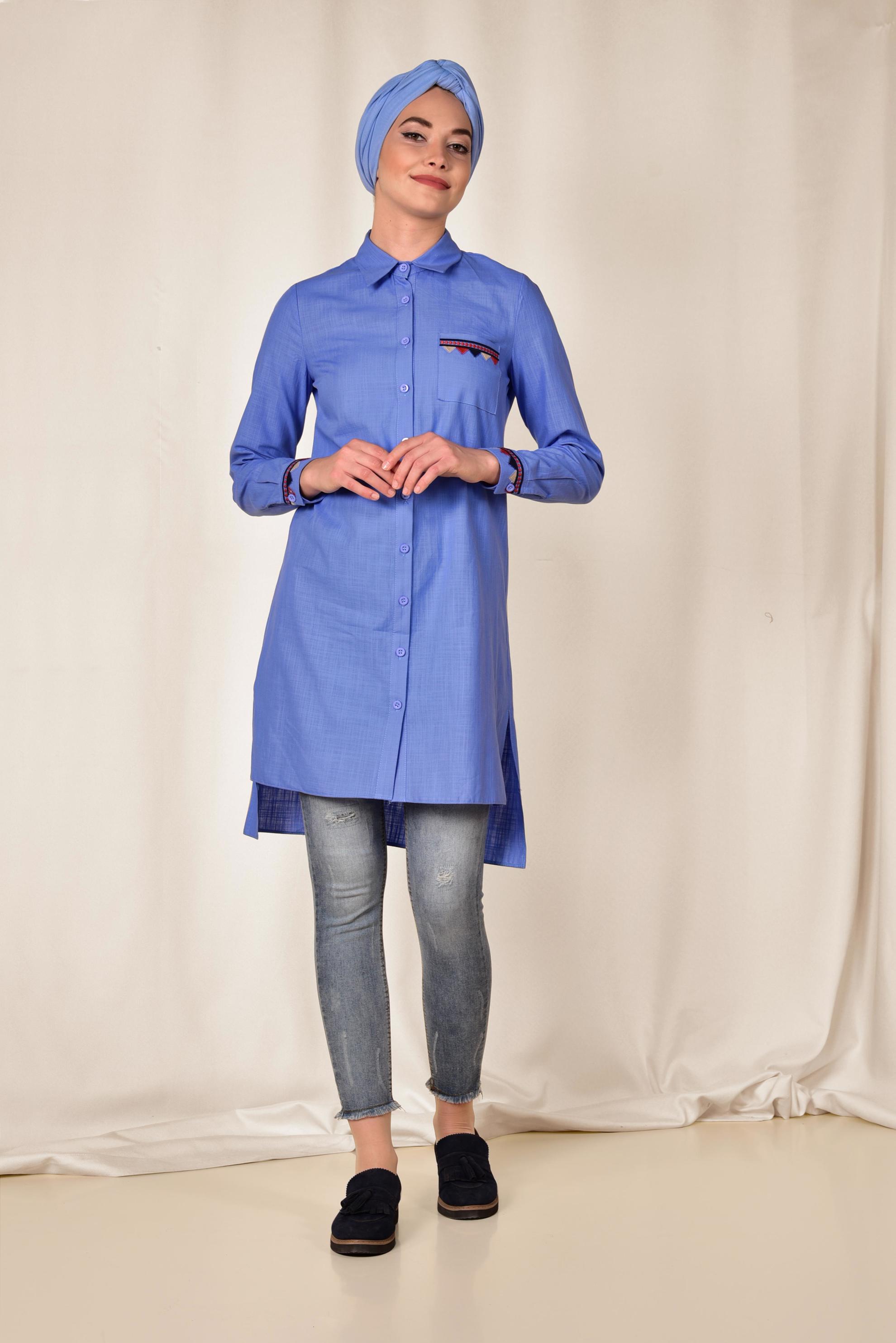 Tesettür giyim LACİVERT NAKIŞ DETAYLI KETEN TUNİK 4975