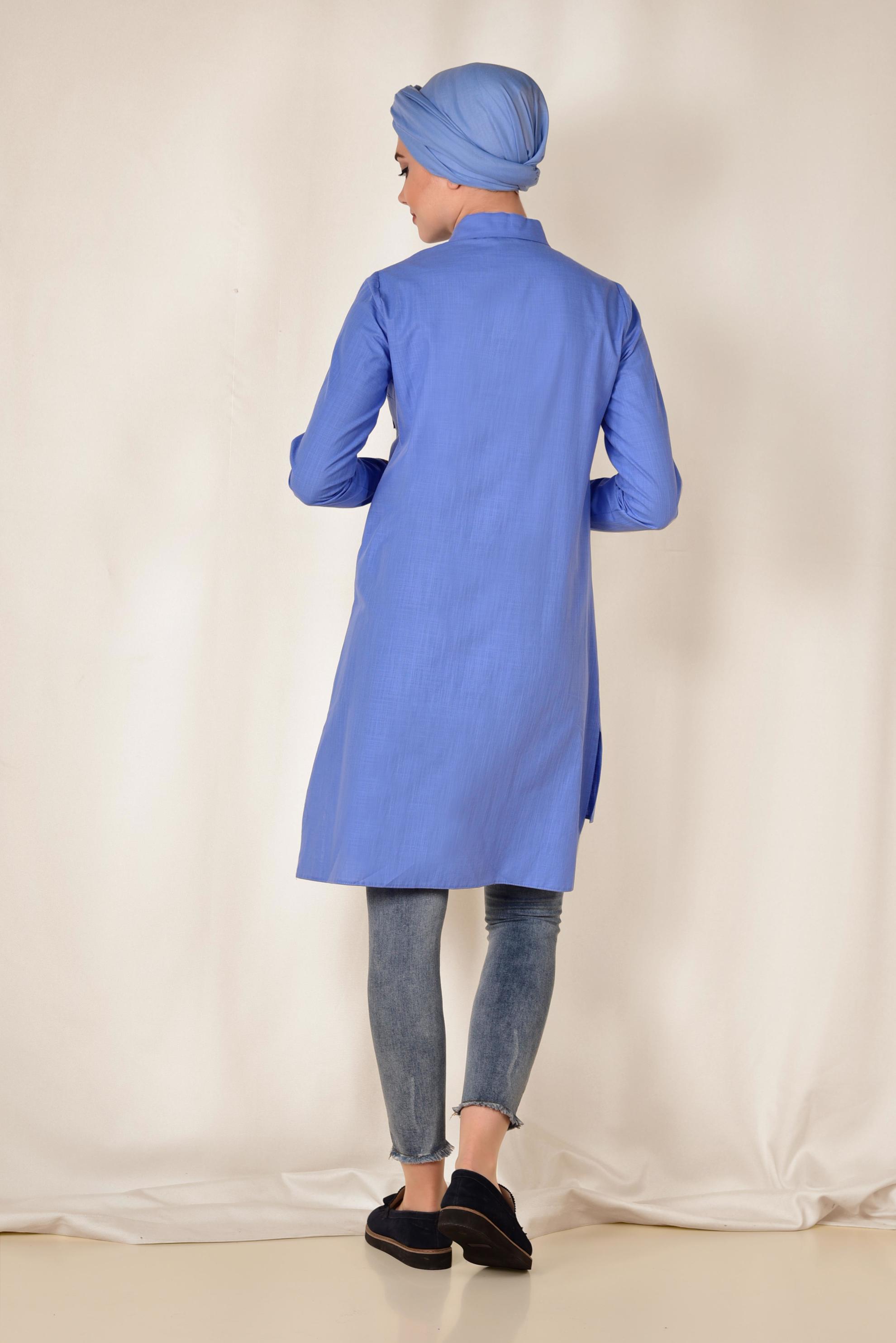 Tesettür giyim LACİVERT NAKIŞ DETAYLI KETEN TUNİK 4975