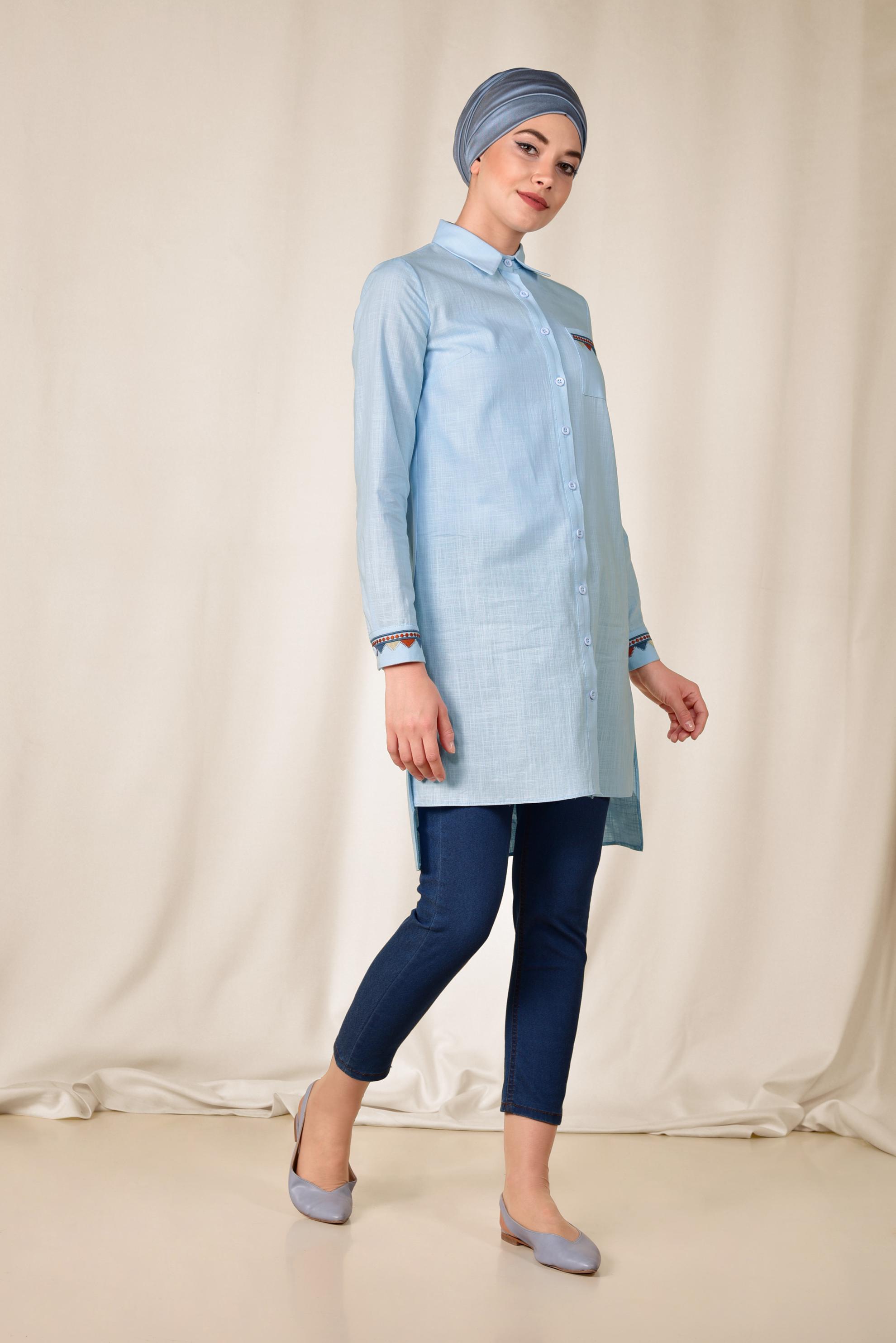 Tesettür giyim MAVİ NAKIŞ DETAYLI KETEN TUNİK 4975