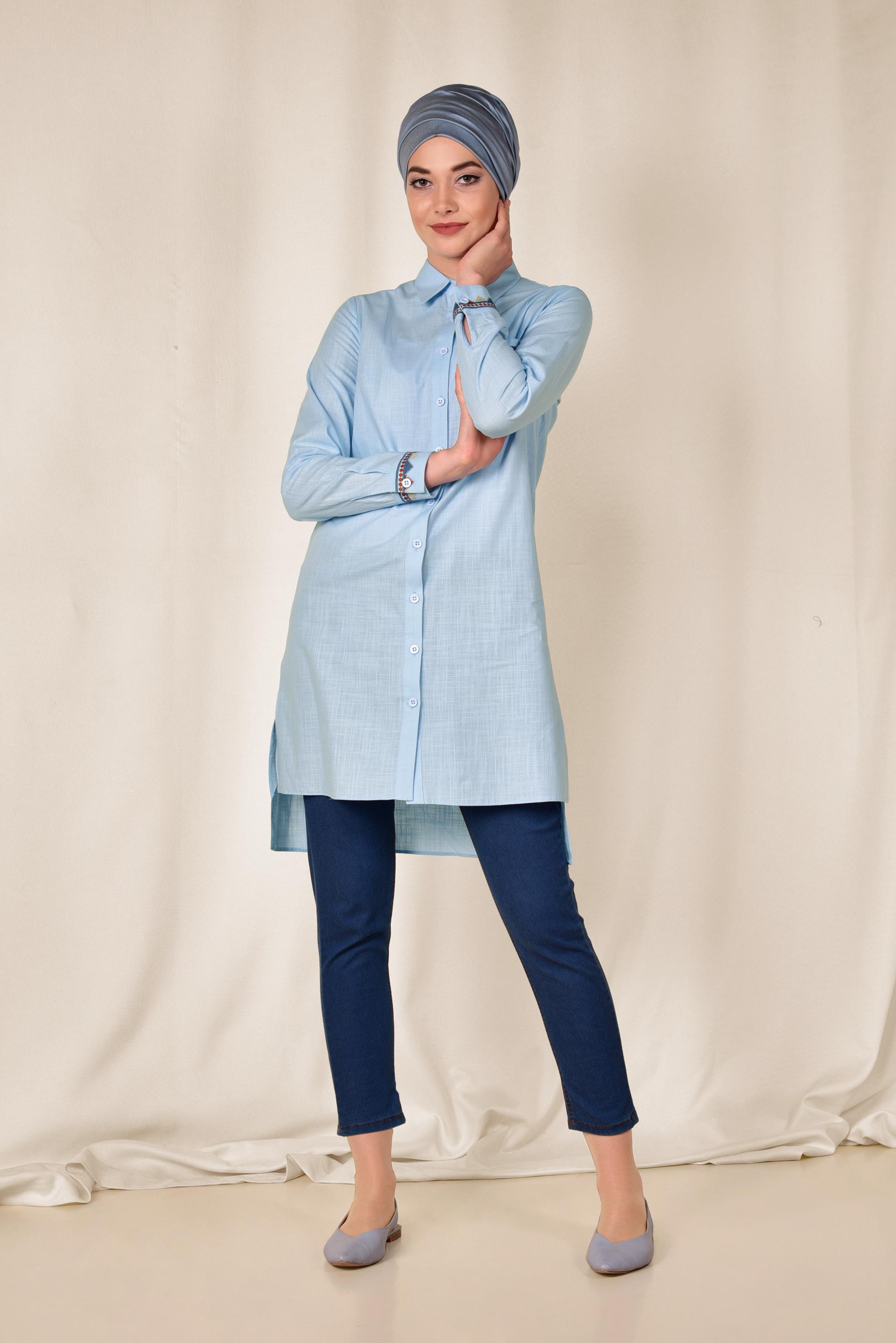 Tesettür giyim MAVİ NAKIŞ DETAYLI KETEN TUNİK 4975