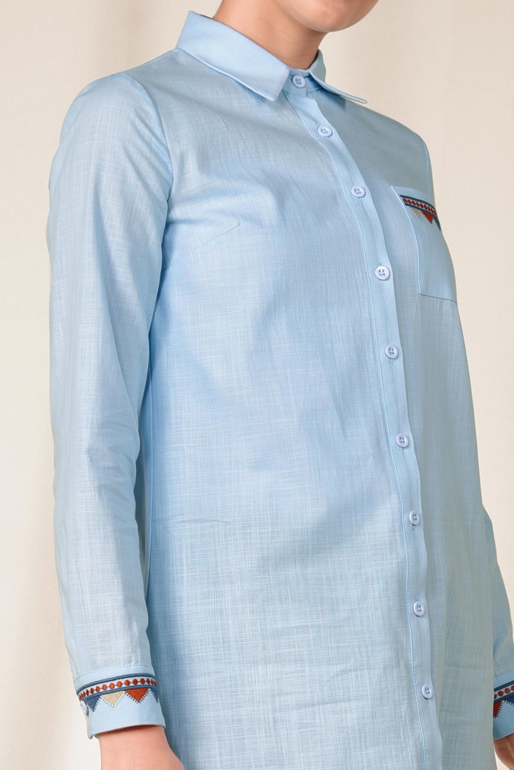 Tesettür giyim MAVİ NAKIŞ DETAYLI KETEN TUNİK 4975