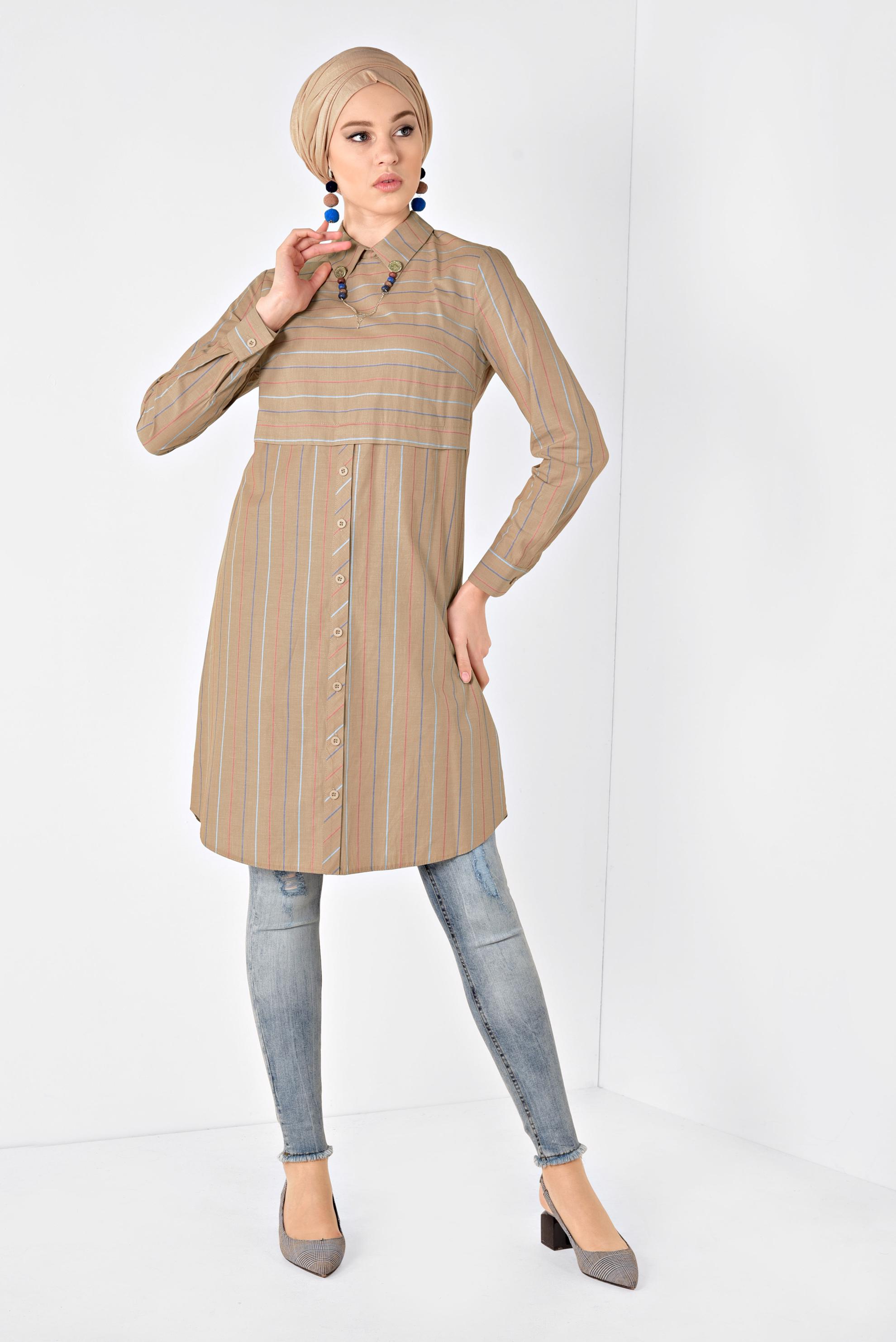 Tesettür giyim SARI ÇİZGİ DESENLİ DÜĞMELİ TUNİK 4976