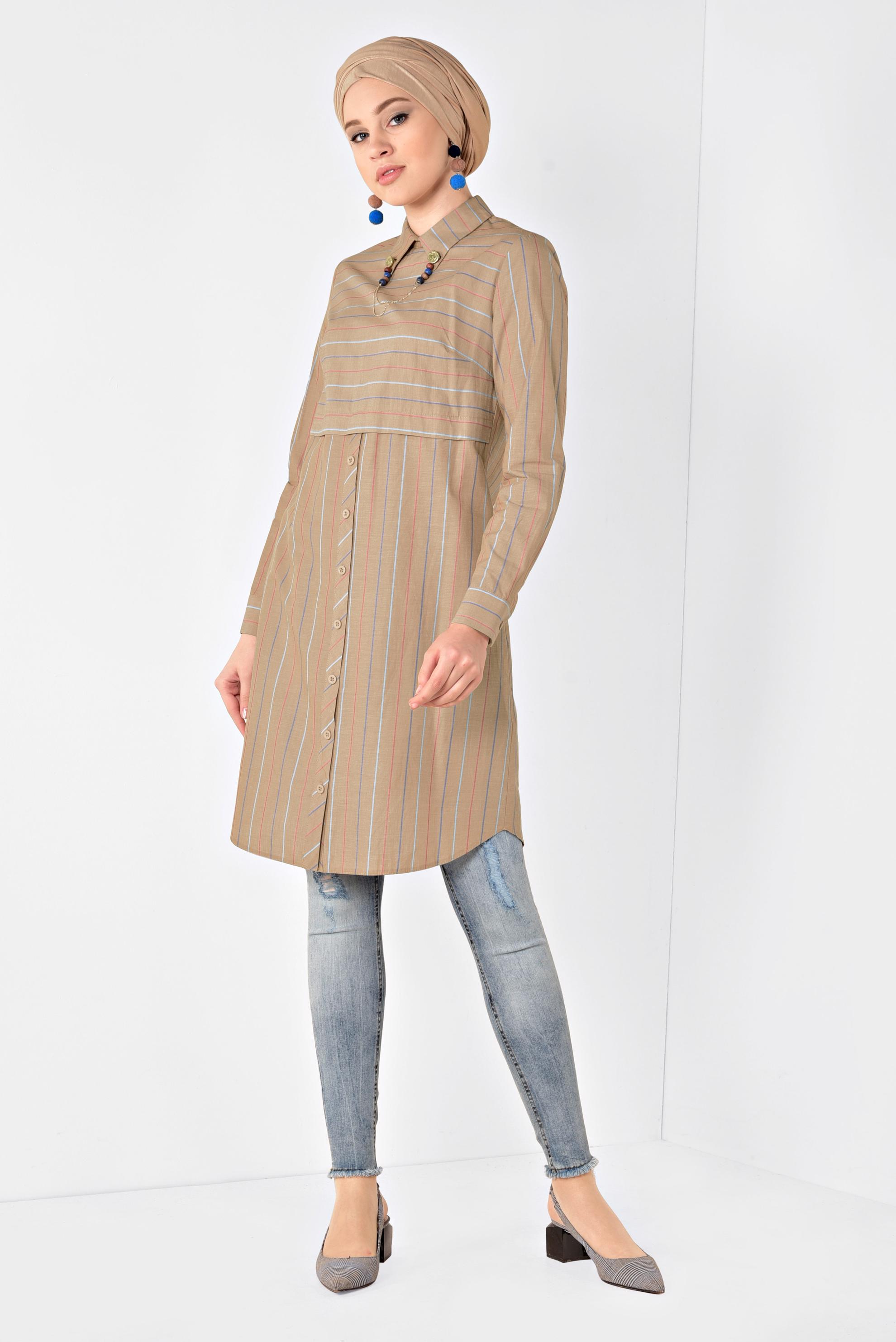 Tesettür giyim SARI ÇİZGİ DESENLİ DÜĞMELİ TUNİK 4976