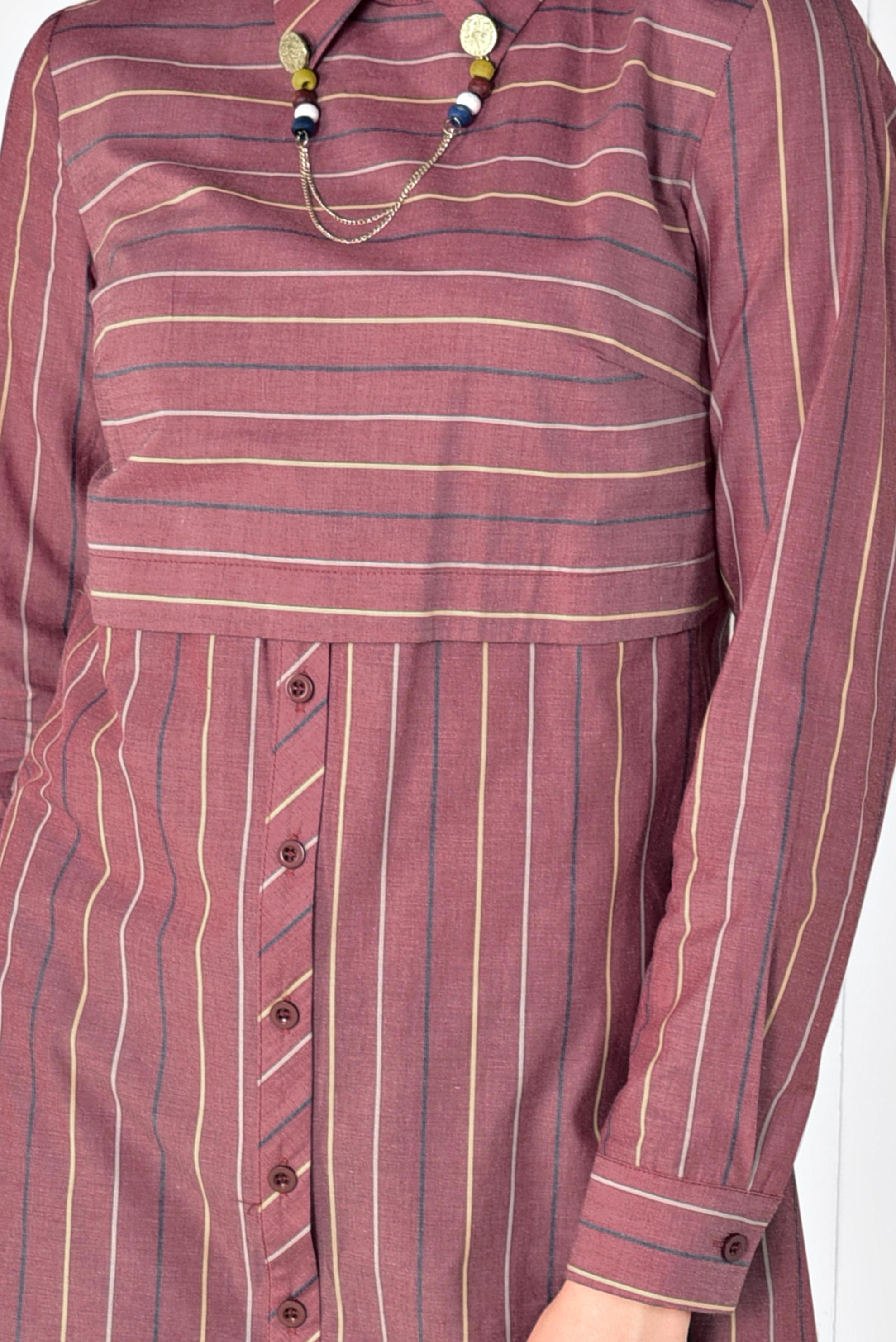 Tesettür giyim BORDO ÇİZGİ DESENLİ DÜĞMELİ TUNİK 4976