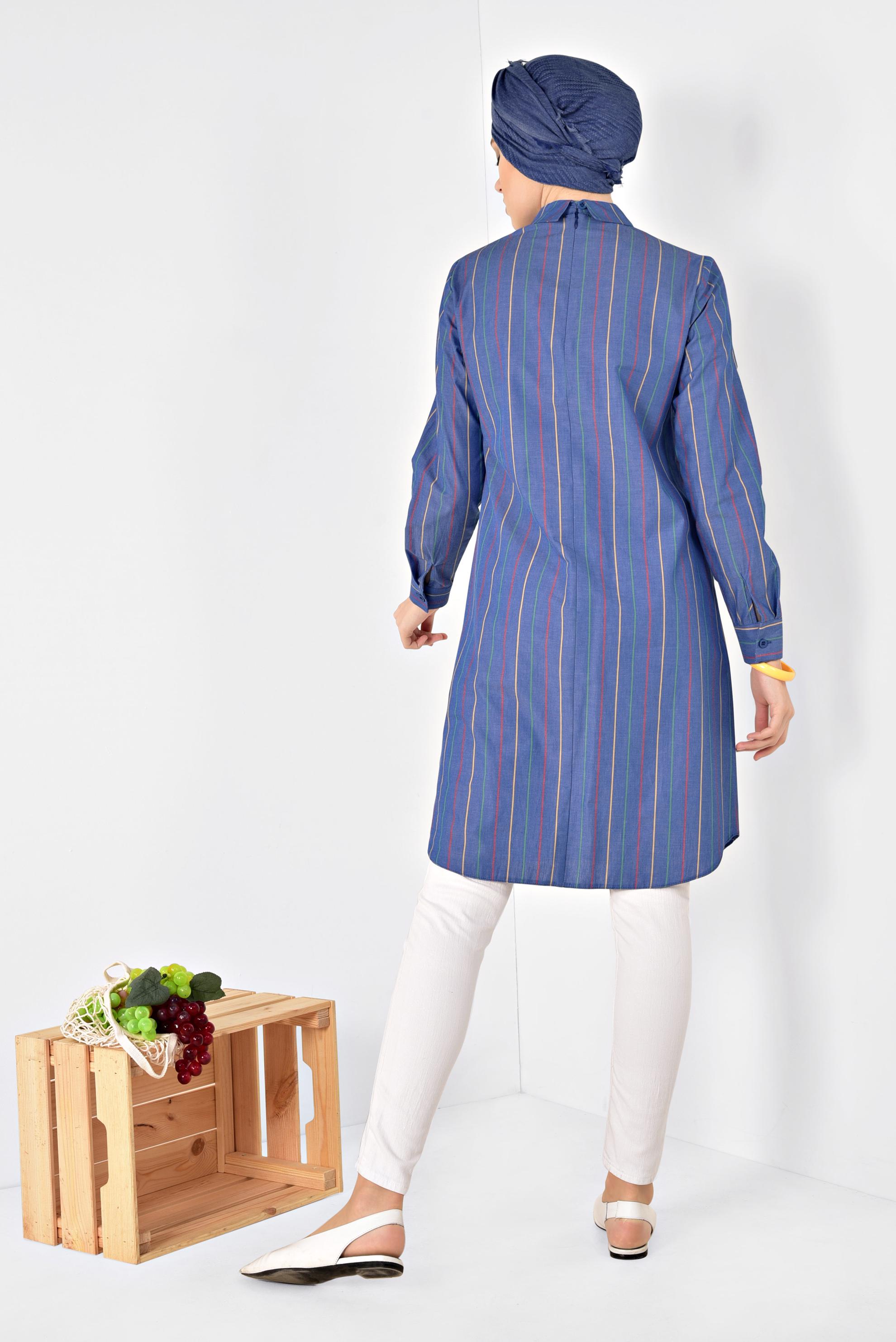 Tesettür giyim LACİVERT ÇİZGİ DESENLİ DÜĞMELİ TUNİK 4976