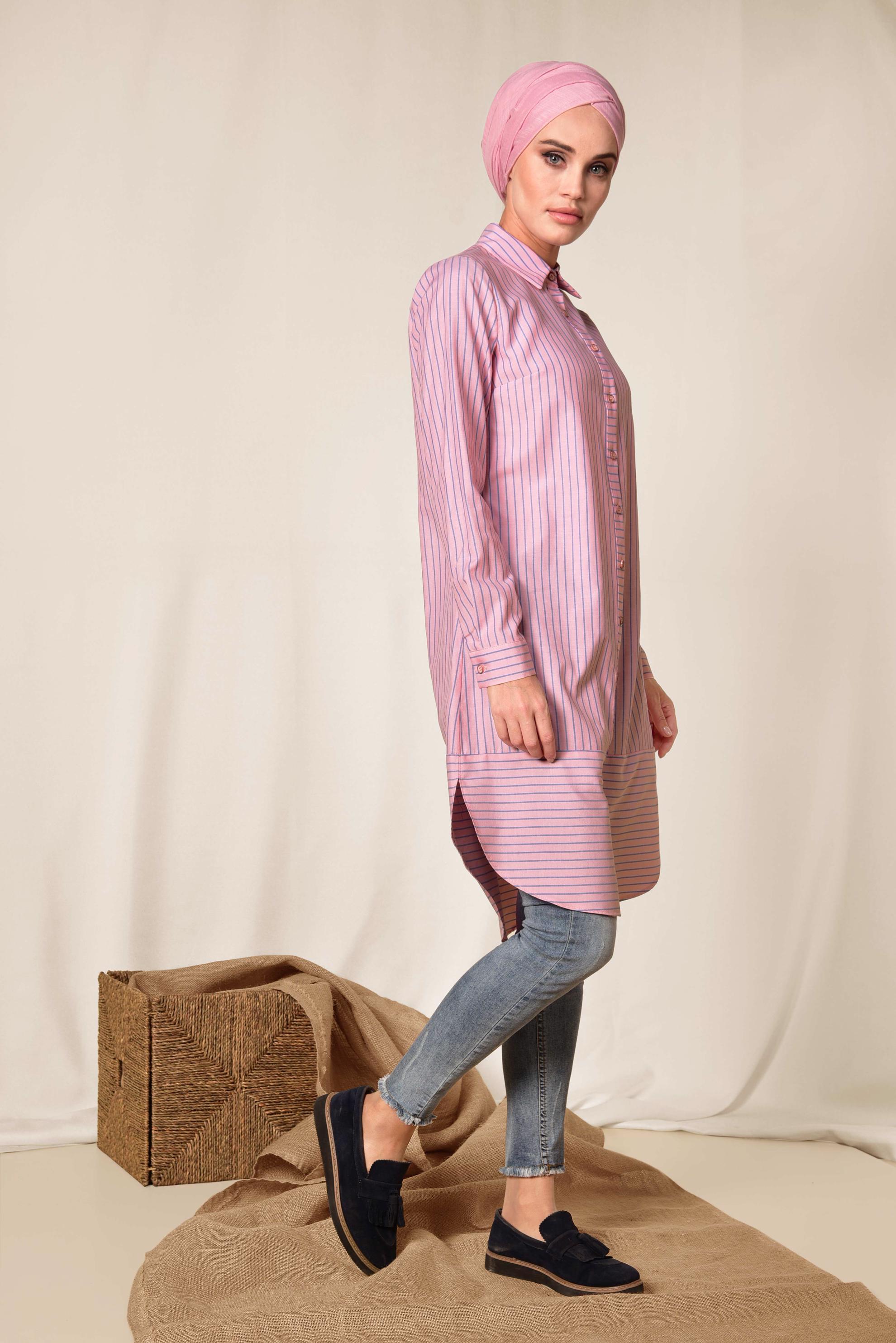 ÇİZGİ DESENLİ DÜĞMELİ KADIN TESETTÜR TUNİK | ALVİNA