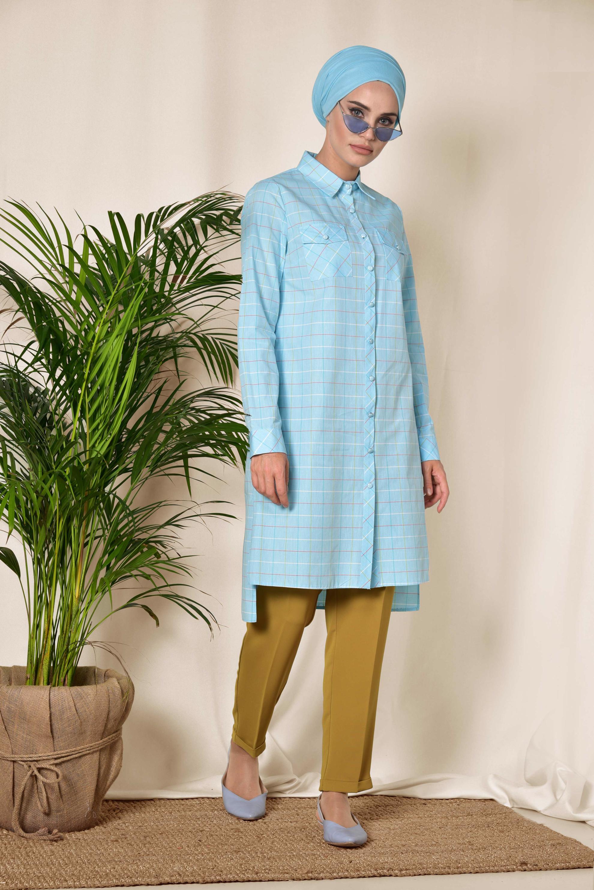 Tesettür giyim MAVİ KARE DESENLİ DÜĞMELİ TUNİK 4980
