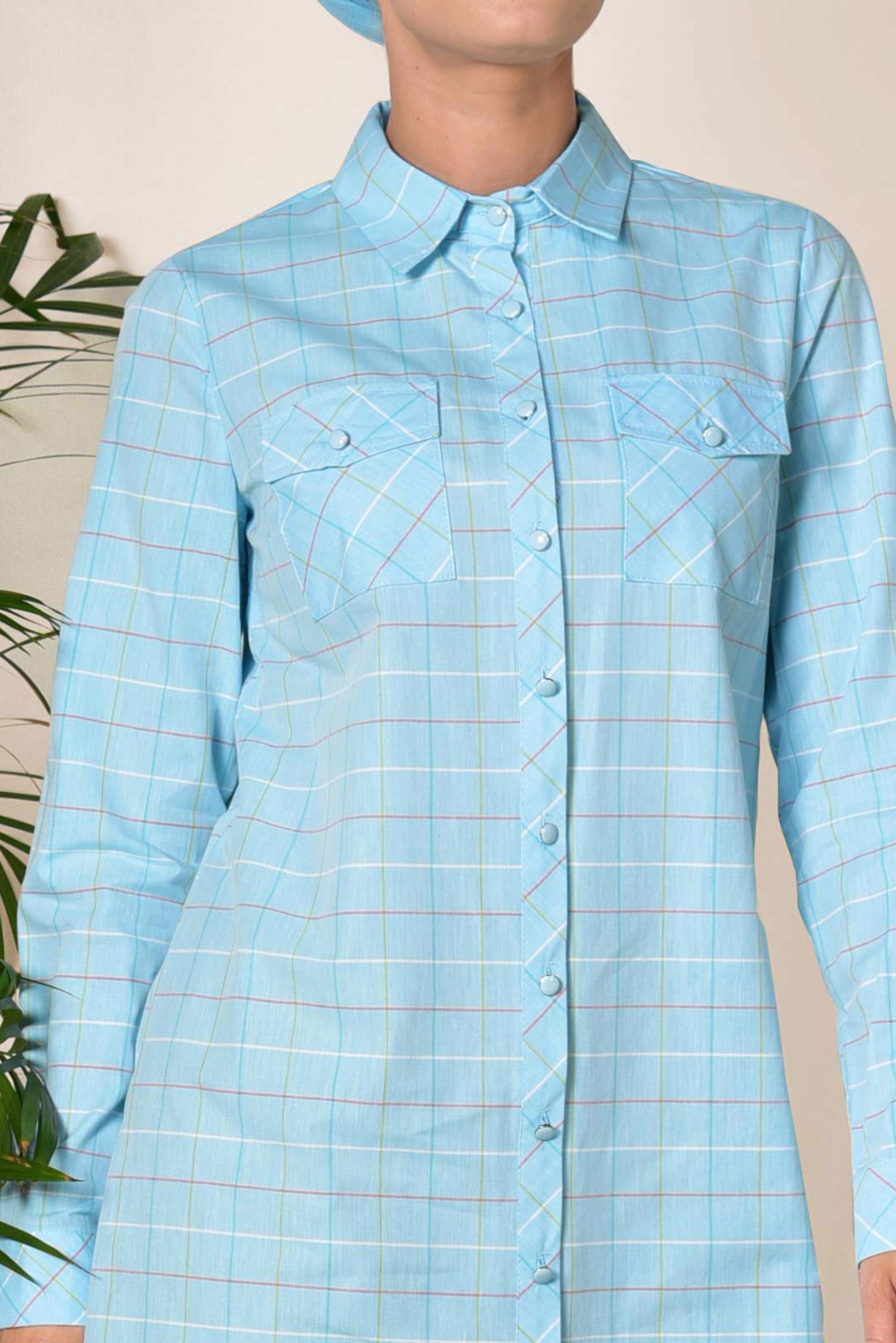 Tesettür giyim MAVİ KARE DESENLİ DÜĞMELİ TUNİK 4980