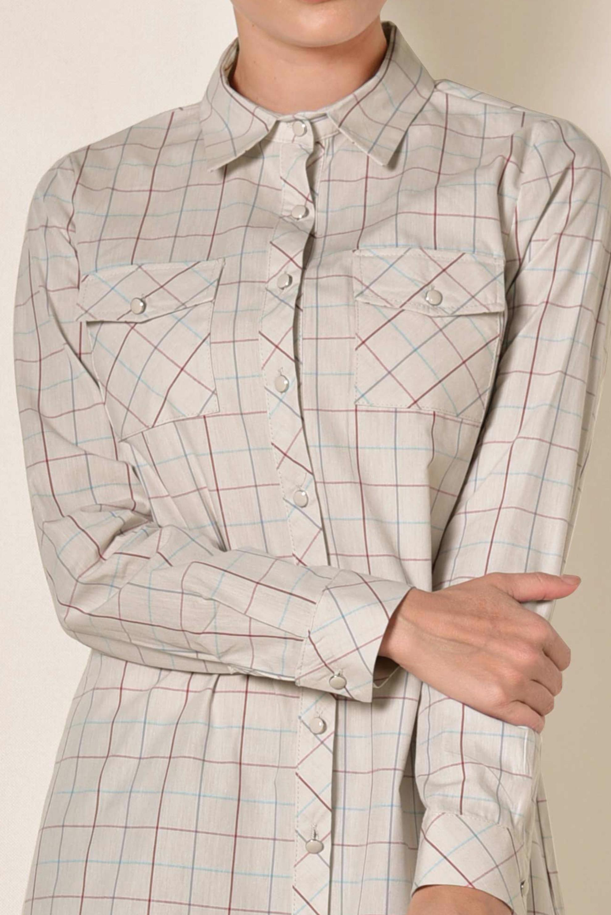 Tesettür giyim BEJ KARE DESENLİ DÜĞMELİ TUNİK 4980