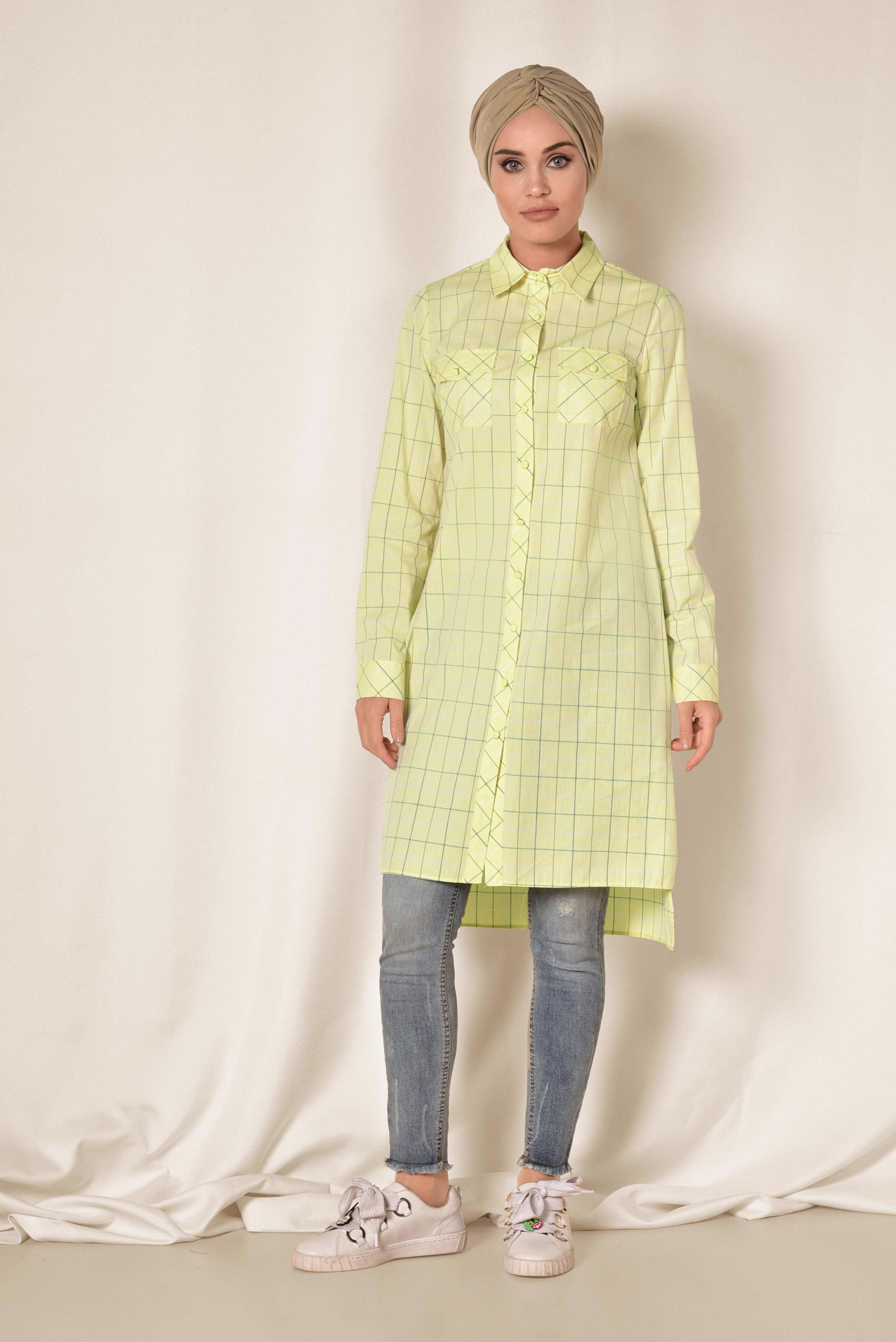 Tesettür giyim SARI KARE DESENLİ DÜĞMELİ TUNİK 4980